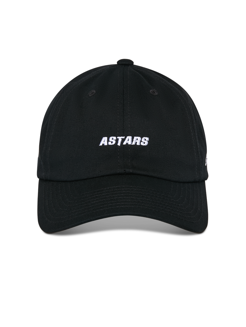 Alpinestars Deduce Strapback pet, zwart, vooraanzicht met wit ASTARS borduursel, gebogen klep, ongestructureerde lage kroon, casual motorsport hoofdbedekking