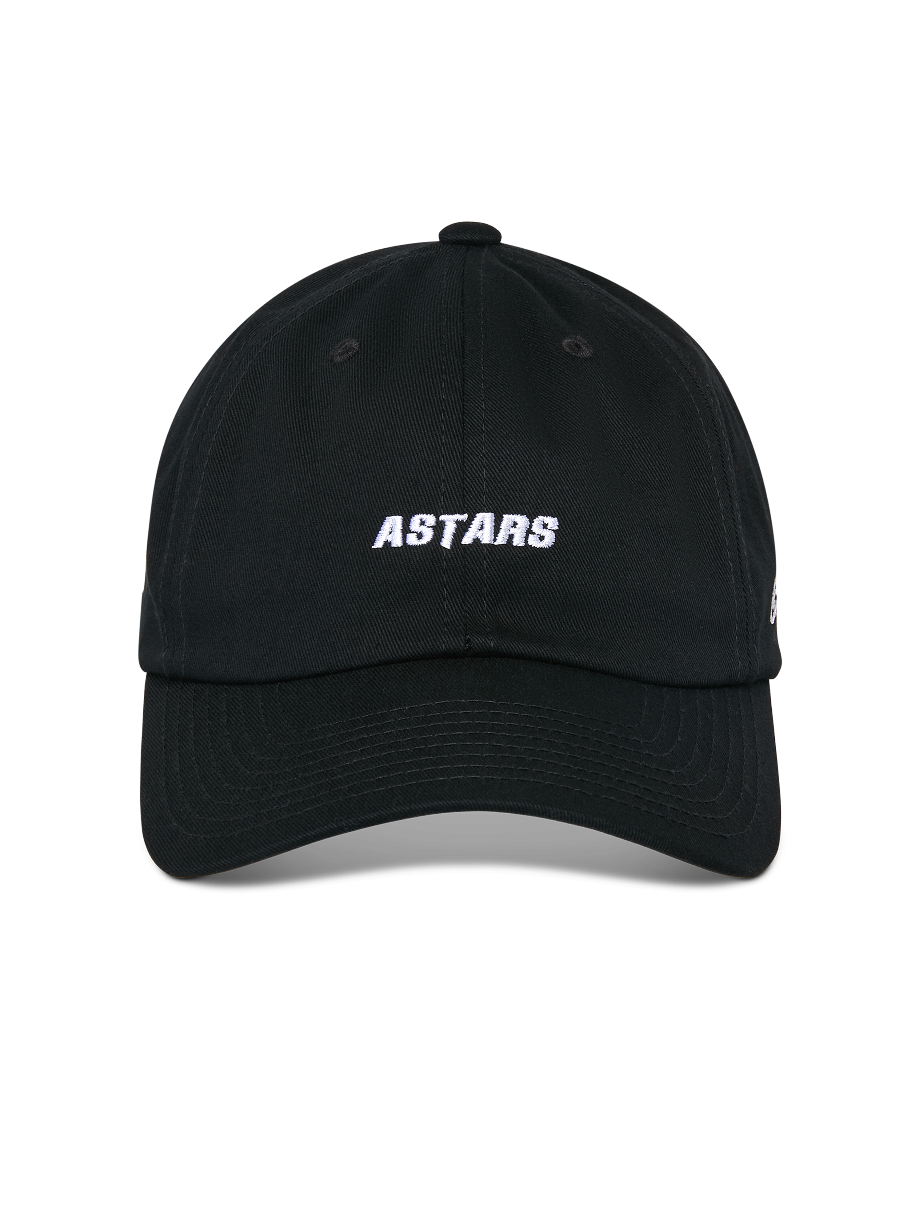 Alpinestars Deduce Strapback pet, zwart, vooraanzicht met wit ASTARS borduursel, gebogen klep, ongestructureerde lage kroon, casual motorsport hoofdbedekking