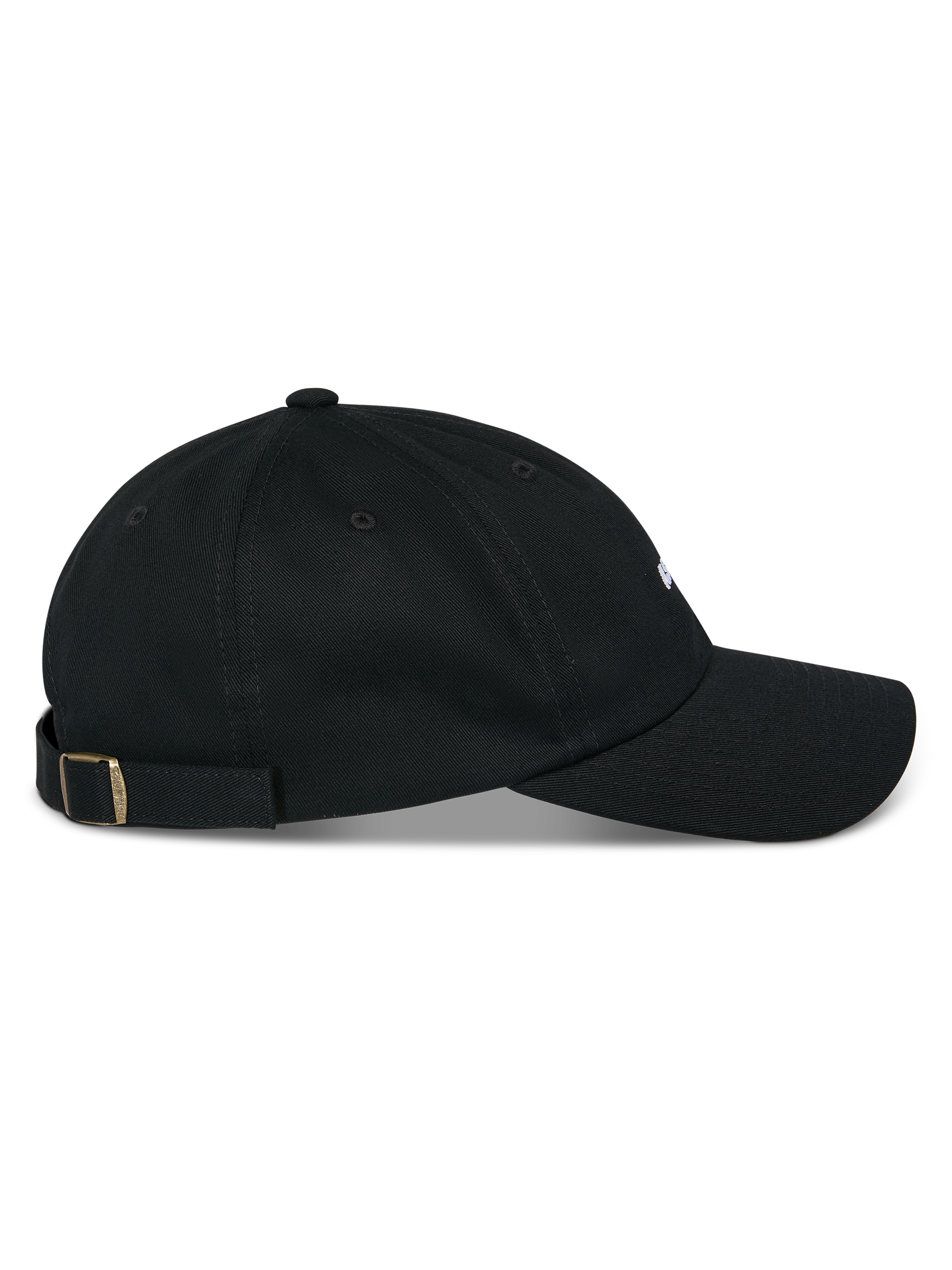 Alpinestars Deduce Strapback pet, zwart, zijaanzicht, gebogen klep met ongestructureerde lage kroon, katoenen keperstof, verstelbare strapback-sluiting met metalen gesp, casual op motorsport geïnspireerde hoofdbedekking