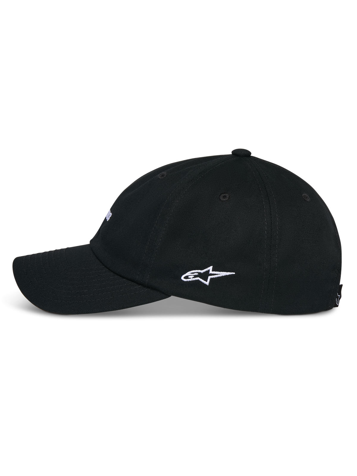 Alpinestars Deduce Strapback pet, zwart, zijaanzicht met gebogen klep en wit geborduurd Astars-zijlogo, casual pet van katoenen keperstof