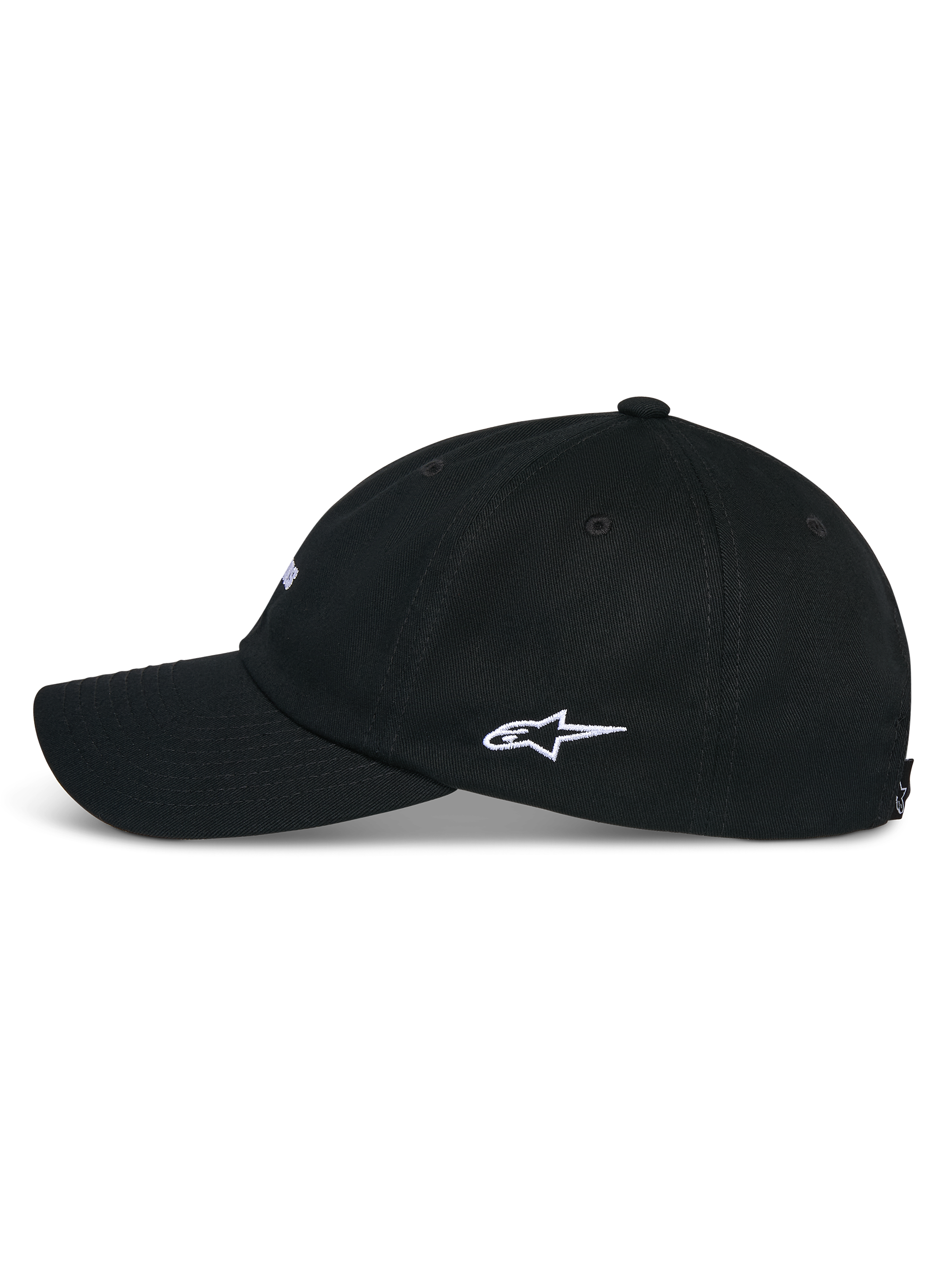 Alpinestars Deduce Strapback pet, zwart, zijaanzicht met gebogen klep en wit geborduurd Astars-zijlogo, casual pet van katoenen keperstof