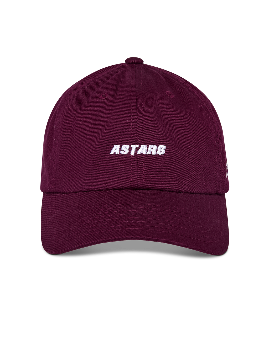 Alpinestars Deduce Strapback Hat, Burgundy, front white ASTARS embroidery, curved bill with unstructured low crown, casual sportswear headwear