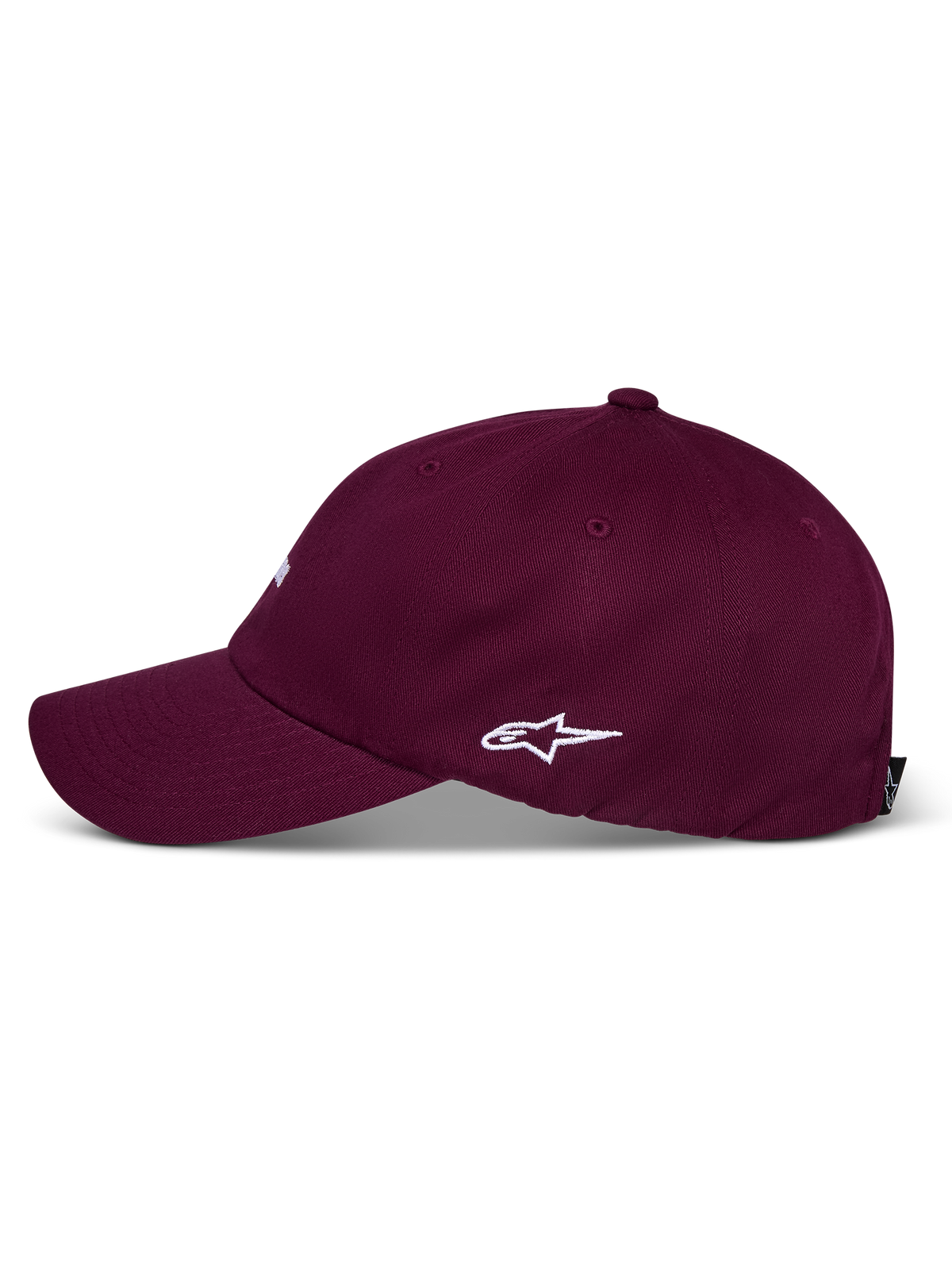 Alpinestars Deduce Strapback pet, bordeauxrood, zijaanzicht met wit geborduurd Astars-logo, gebogen klep, ongestructureerde lage kroon, casual katoenen twill pet