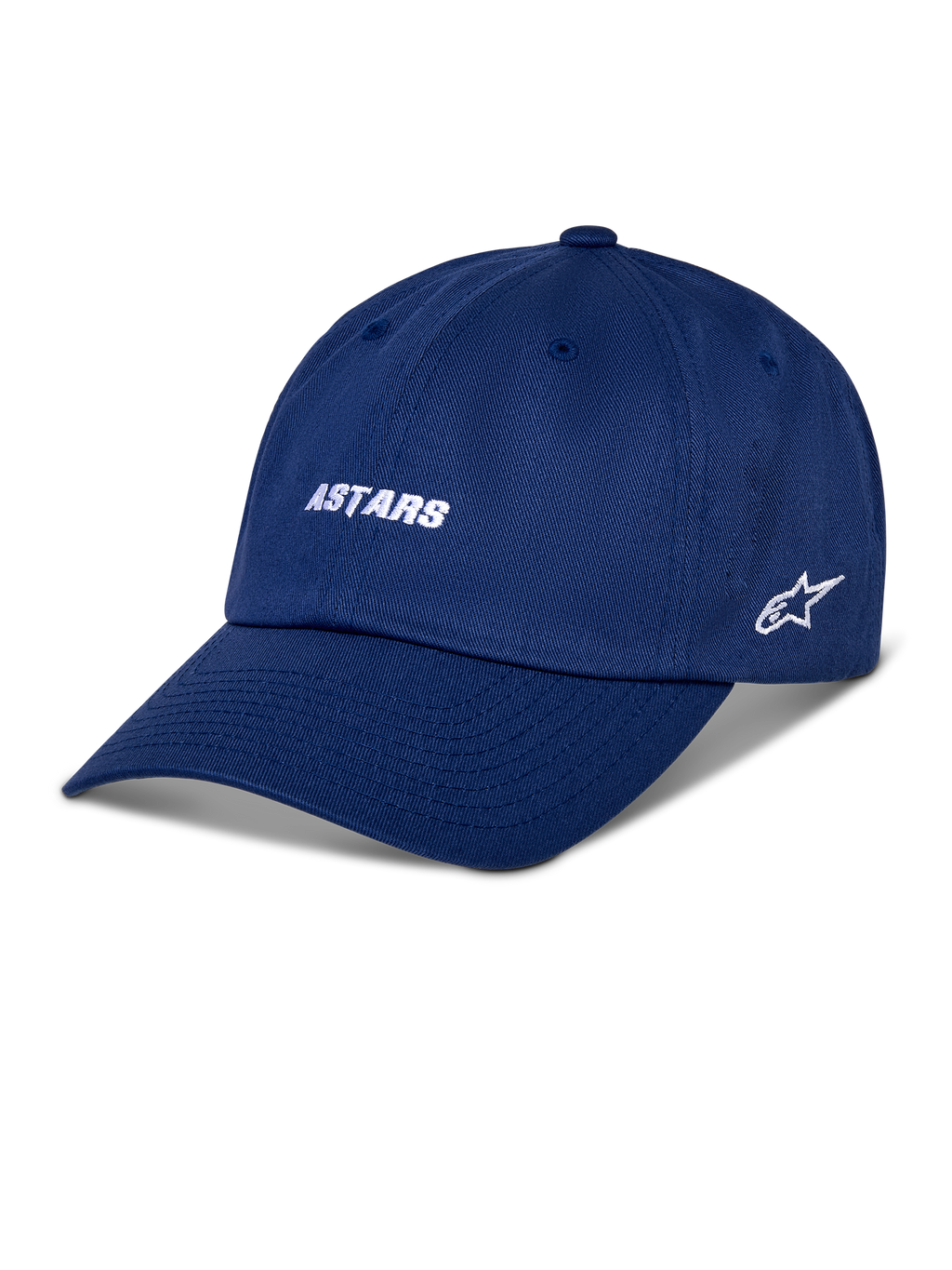 Alpinestars Deduce Strapback pet, blauwe baseballcap met wit geborduurd ASTARS-woordmerk en sterlogo aan de zijkant, gebogen klep, casual motorsport streetwear