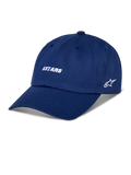 Alpinestars Deduce Strapback pet, blauwe baseballcap met wit geborduurd ASTARS-woordmerk en sterlogo aan de zijkant, gebogen klep, casual motorsport streetwear