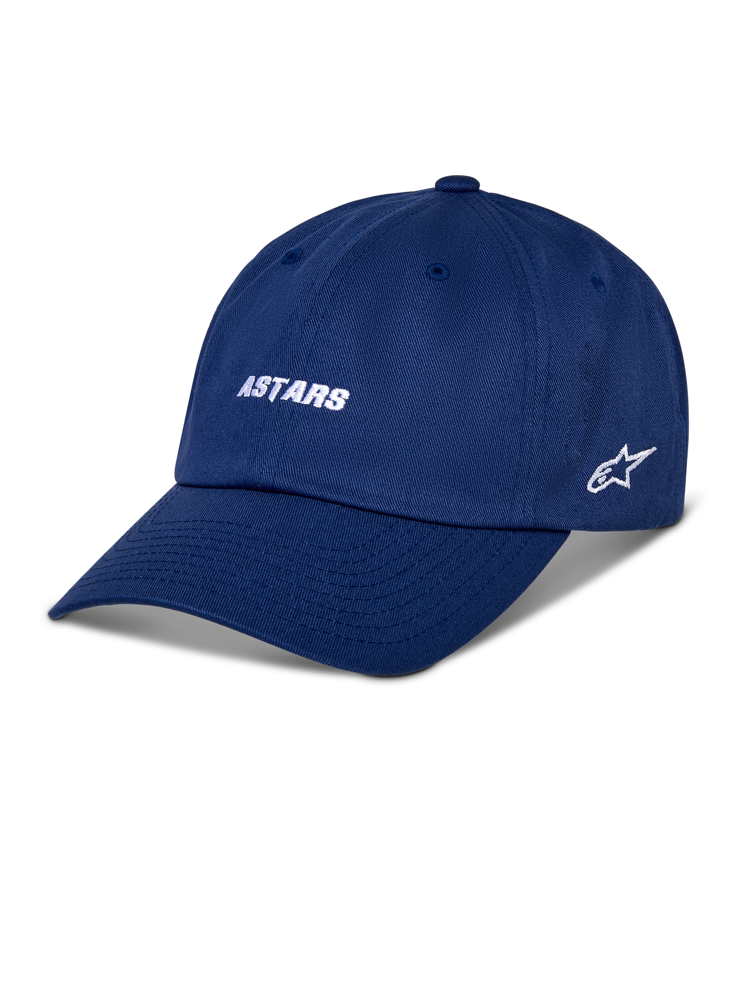 Alpinestars Deduce Strapback pet, blauwe baseballcap met wit geborduurd ASTARS-woordmerk en sterlogo aan de zijkant, gebogen klep, casual motorsport streetwear
