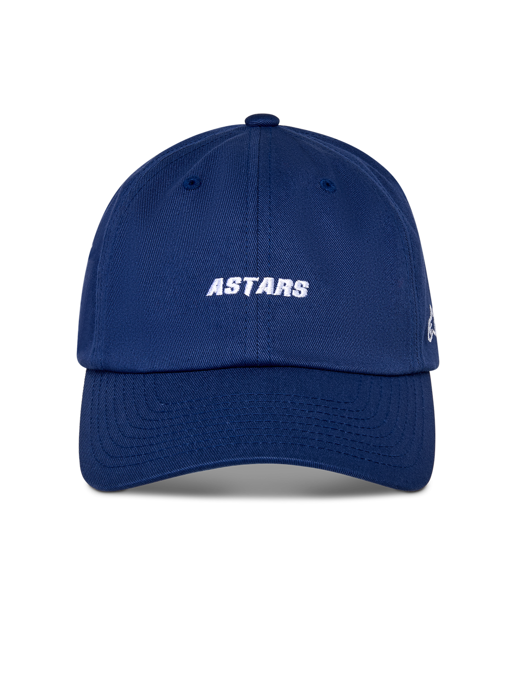 Alpinestars Deduce Strapback pet, sportswear pet, blauw, wit geborduurd ASTARS-woordmerk op de voorkant, gebogen klep, ongestructureerde lage kroon, casual motorsport-geïnspireerde hoofdbedekking