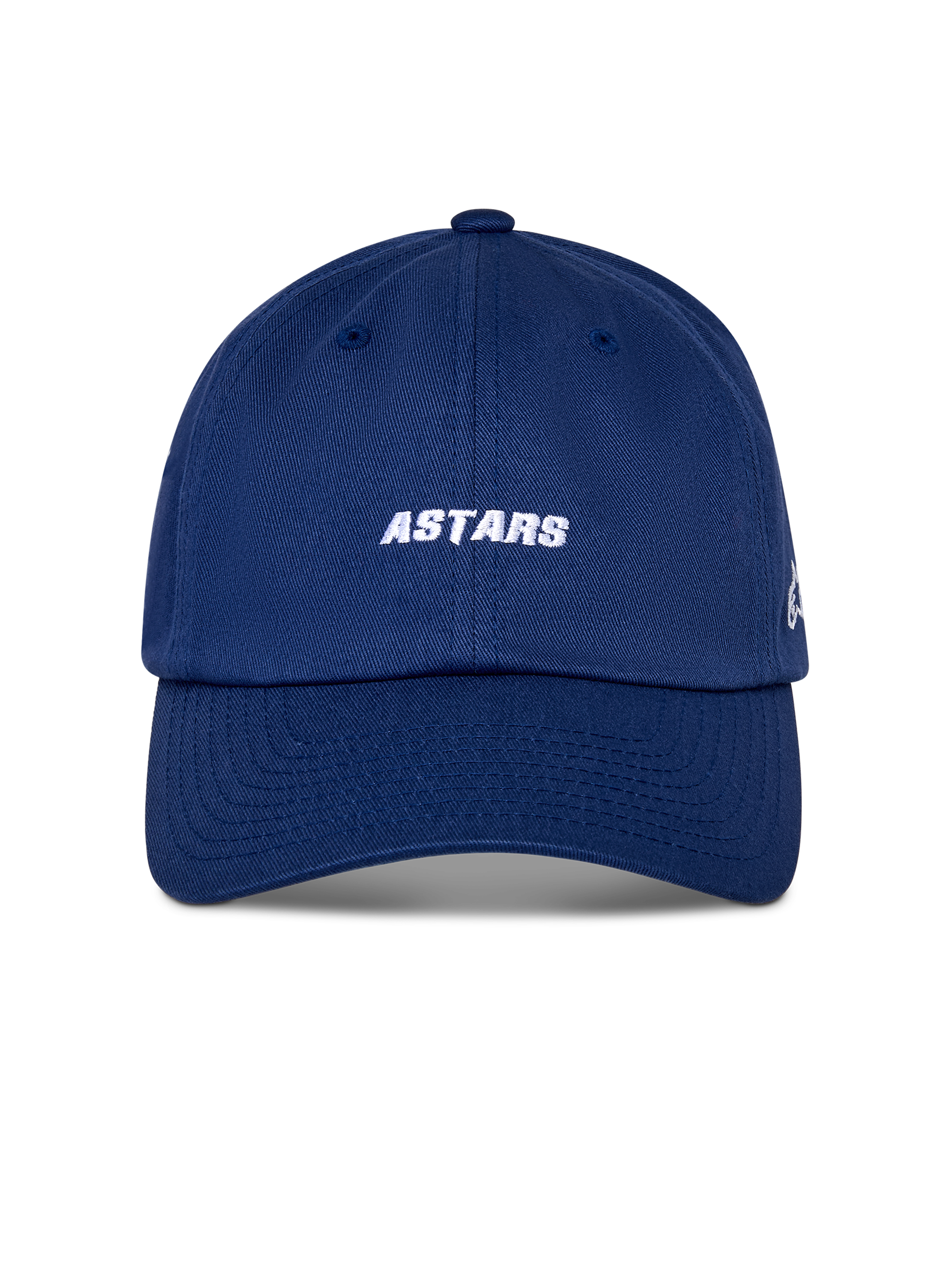 Alpinestars Deduce Strapback pet, sportswear pet, blauw, wit geborduurd ASTARS-woordmerk op de voorkant, gebogen klep, ongestructureerde lage kroon, casual motorsport-geïnspireerde hoofdbedekking