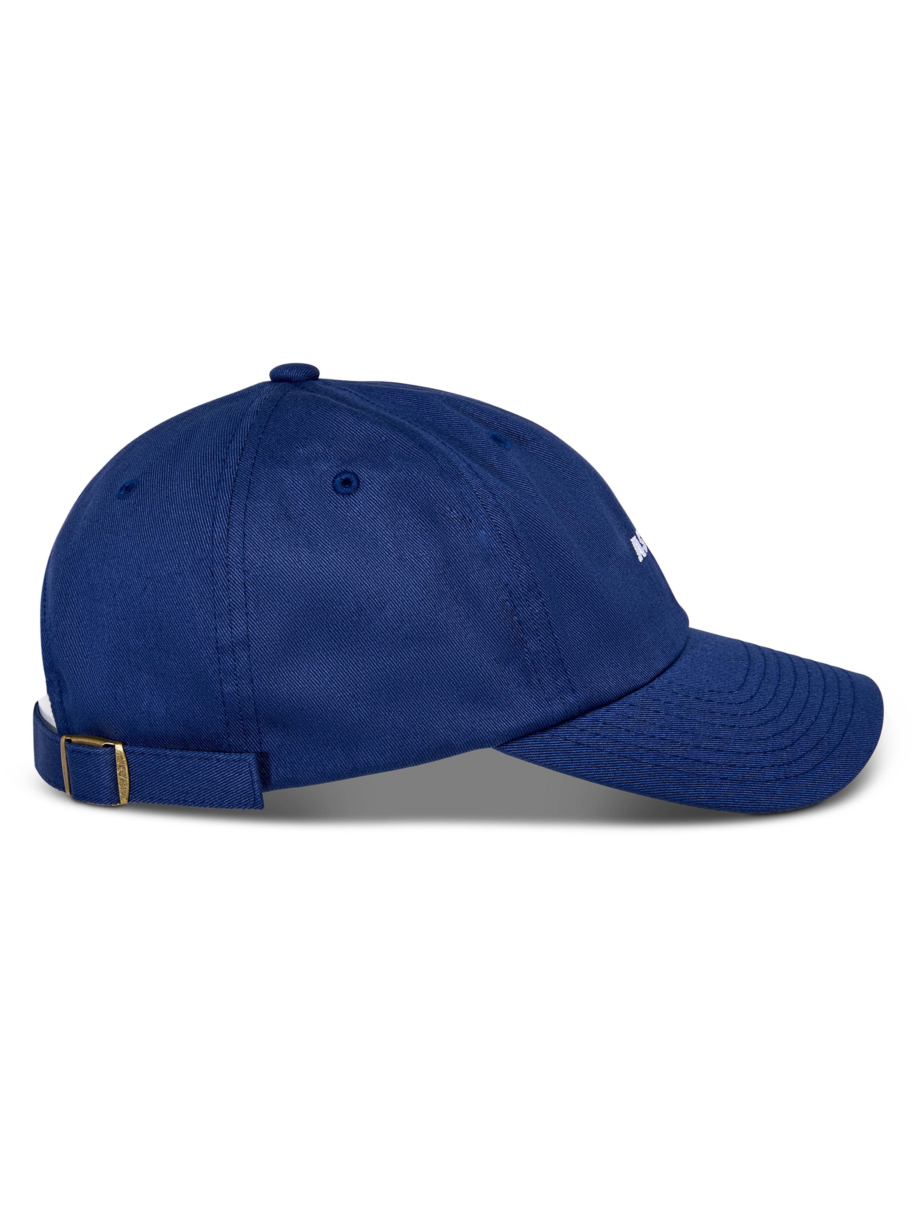 Alpinestars Deduce Strapback pet, blauw, zijaanzicht, gebogen klep, verstelbare strapback-sluiting met messing gesp, katoenen keperstof, casual hoofddeksel met wit geborduurd logo