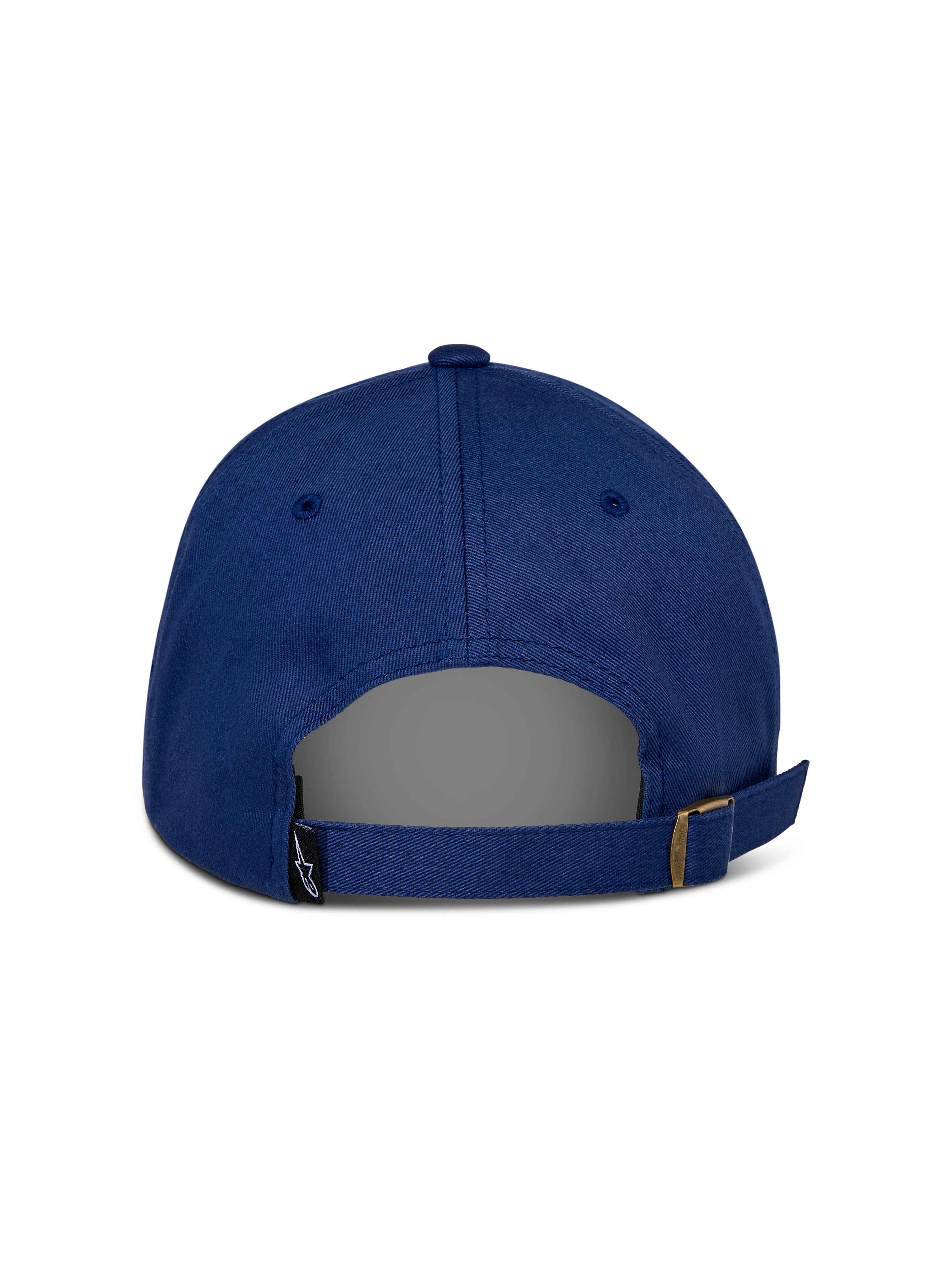 Alpinestars Deduce Strapback Pet, blauw, achteraanzicht met verstelbare strapback-sluiting met metalen gesp, klein zwart Astars-logolabel, casual constructie van katoenen keperstof