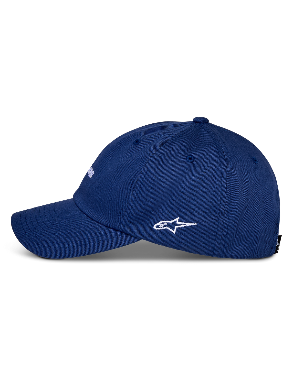 Alpinestars Deduce Strapback pet, blauw, zijaanzicht met gebogen klep en wit geborduurd Astars-logo, constructie van katoenen keperstof, casual sportkleding