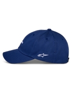 Alpinestars Deduce Strapback pet, blauw, zijaanzicht met gebogen klep en wit geborduurd Astars-logo, constructie van katoenen keperstof, casual sportkleding