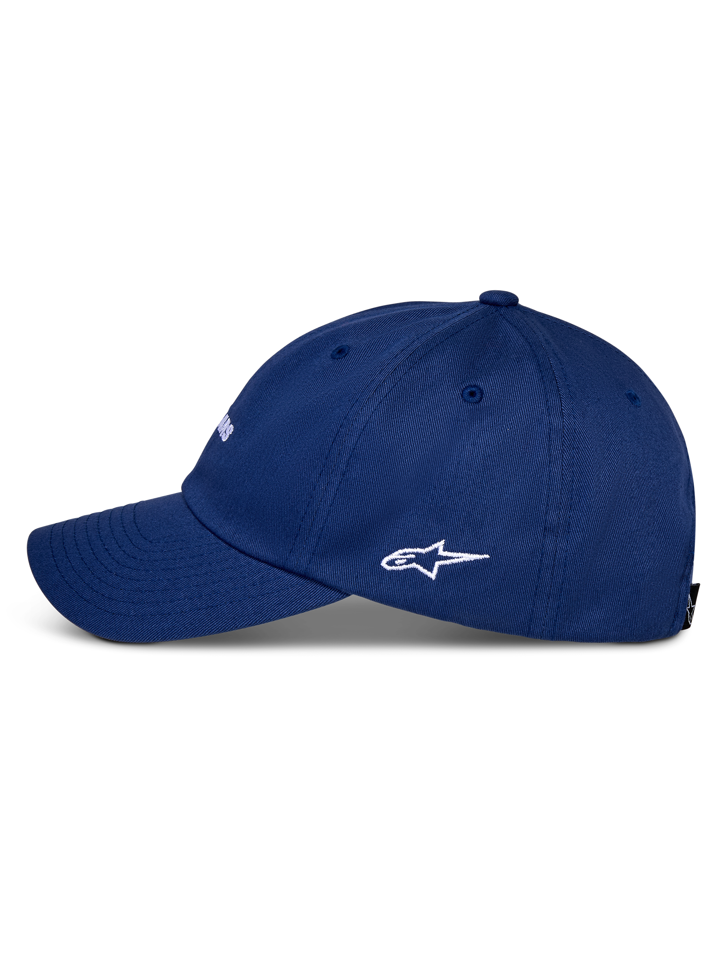 Alpinestars Deduce Strapback pet, blauw, zijaanzicht met gebogen klep en wit geborduurd Astars-logo, constructie van katoenen keperstof, casual sportkleding