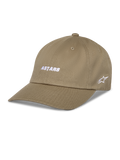 Alpinestars Deduce Strapback Hat, kaki baseballcap met gebogen klep, wit geborduurd ASTARS-logo op de voorzijde en ster-logo aan de zijkant, katoenen twill, casual sportkleding
