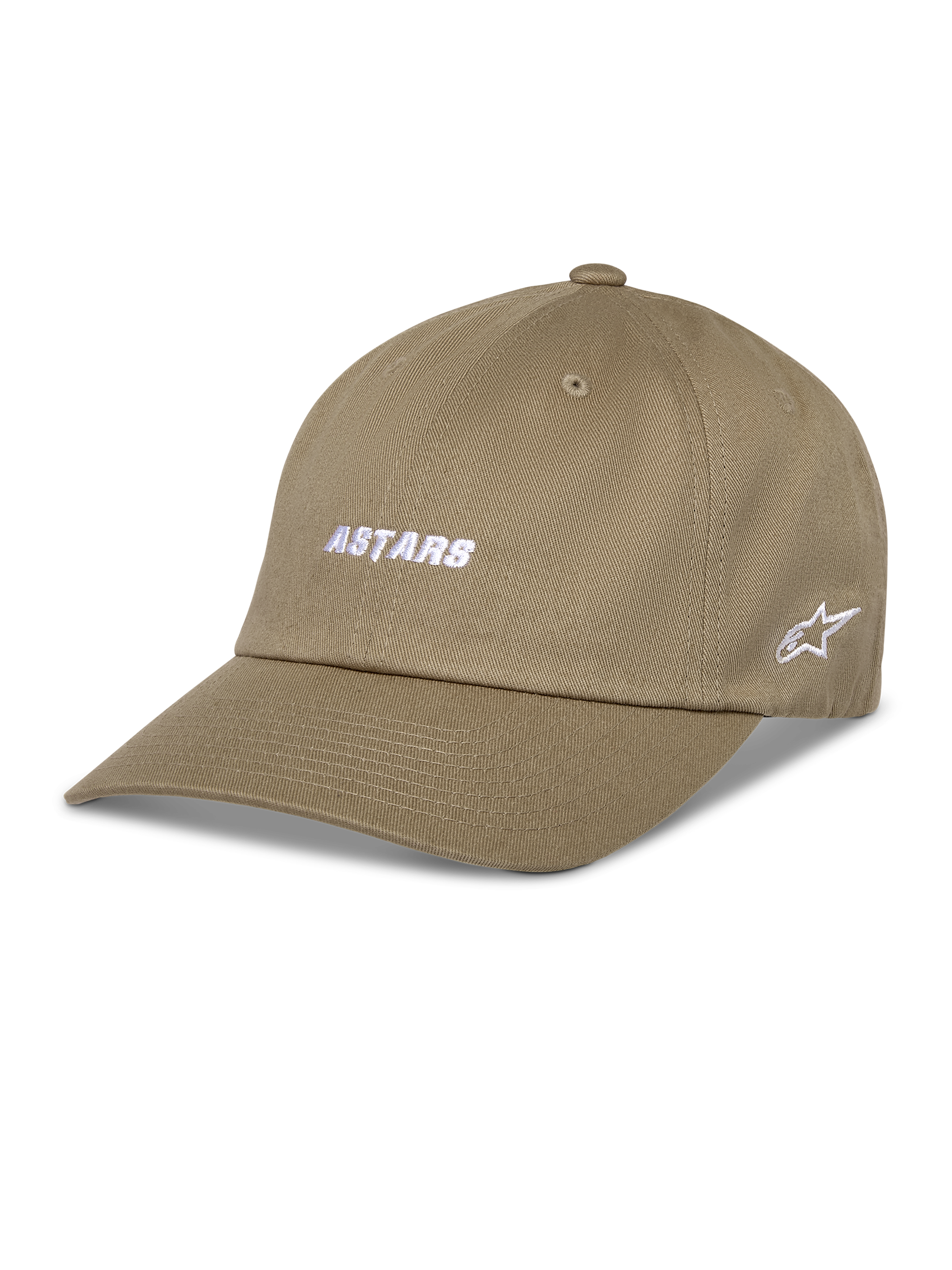Alpinestars Deduce Strapback Hat, kaki baseballcap met gebogen klep, wit geborduurd ASTARS-logo op de voorzijde en ster-logo aan de zijkant, katoenen twill, casual sportkleding