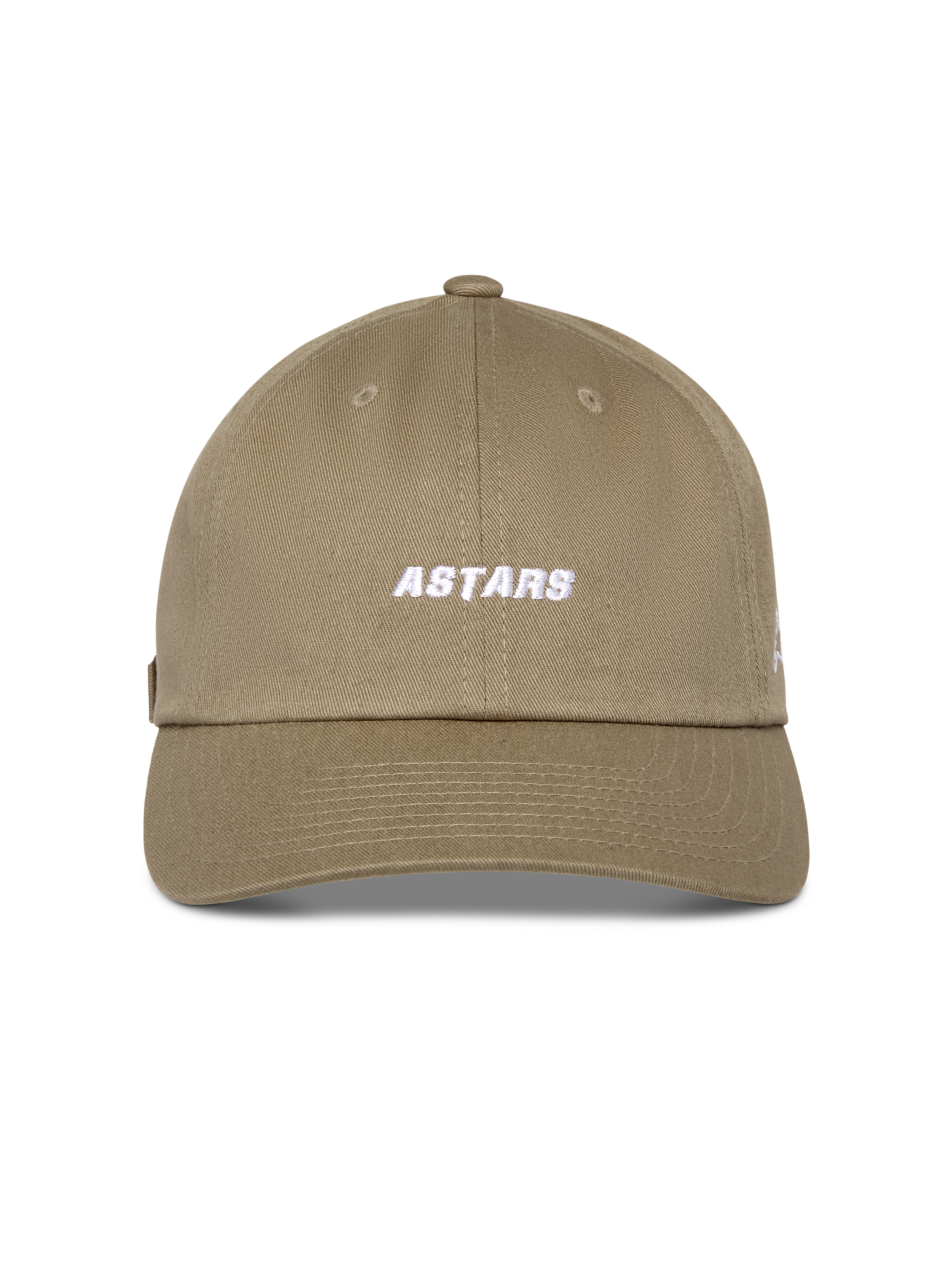 Alpinestars Deduce Strapback pet, khaki, ongestructureerde lage kroon met gebogen klep, wit geborduurd Astars-woordmerk op de voorkant, katoenen keperstof, casual motorsport-geïnspireerde pet