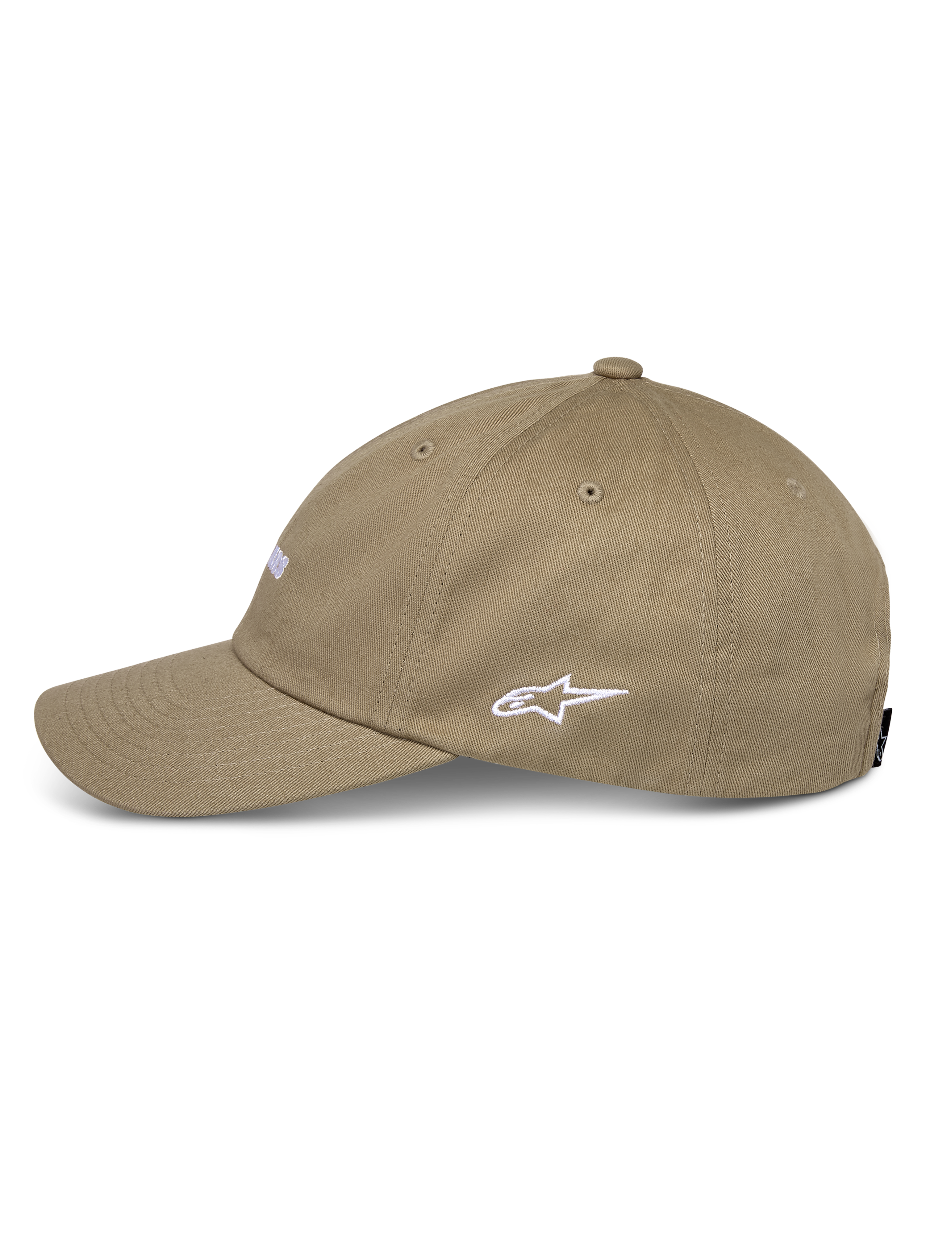 Alpinestars Deduce Strapback pet, khaki, zijaanzicht met wit geborduurd Astars-logo, gebogen klep, katoenen keperstof, casual motorsport streetwear