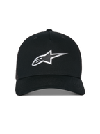 Alpinestars Reflect Ageless Trucker Hat, Trucker Hat, Black, featuring a reflective silver Astars logo on the front, structured crown with a curved bill, and a breathable mesh back, casual motorsport-inspired headwear