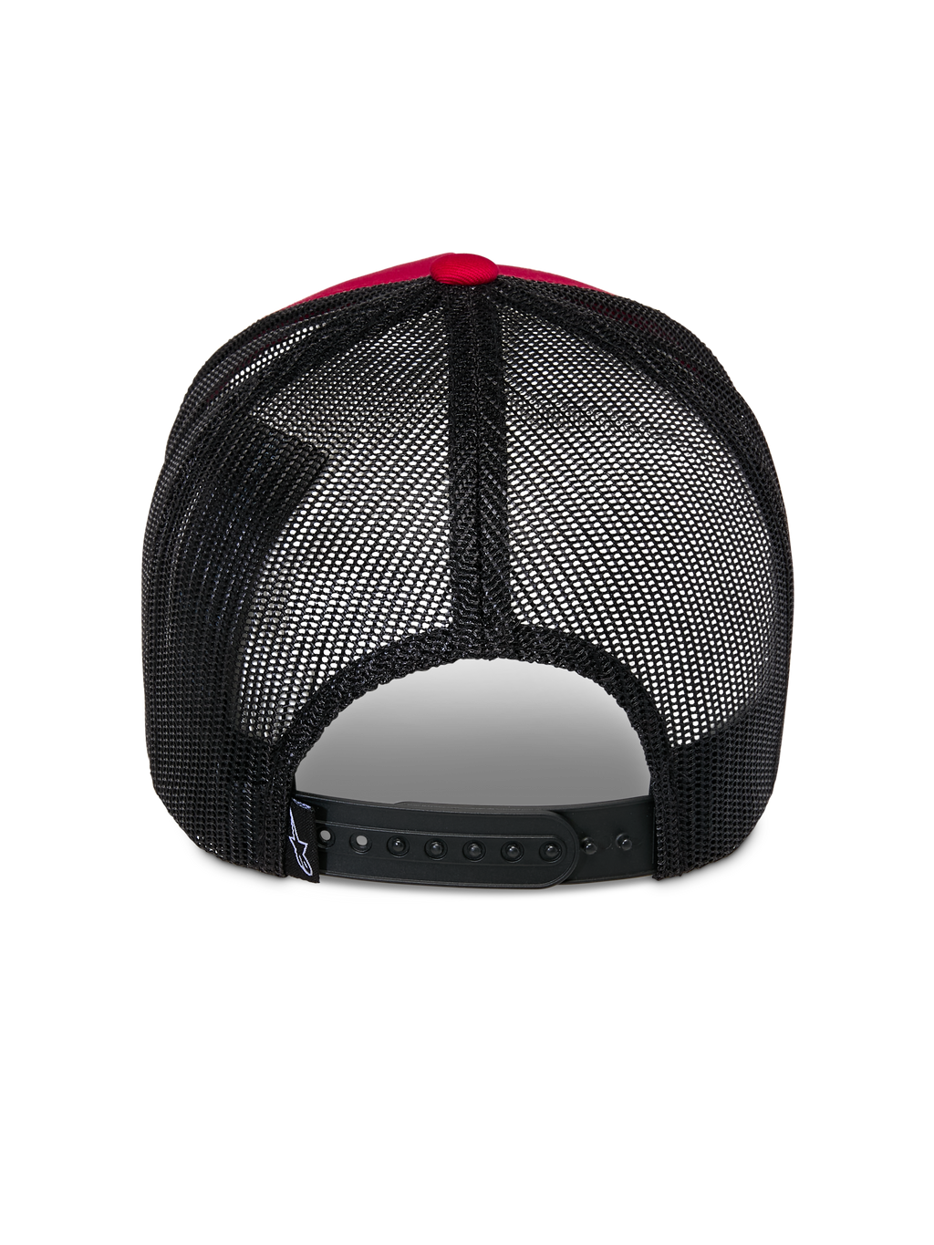 Alpinestars Reflect Ageless Trucker Hat, Back View, Red and Black, featuring black poly mesh panels and adjustable snap-back closure, casual motorsport-inspired headwear