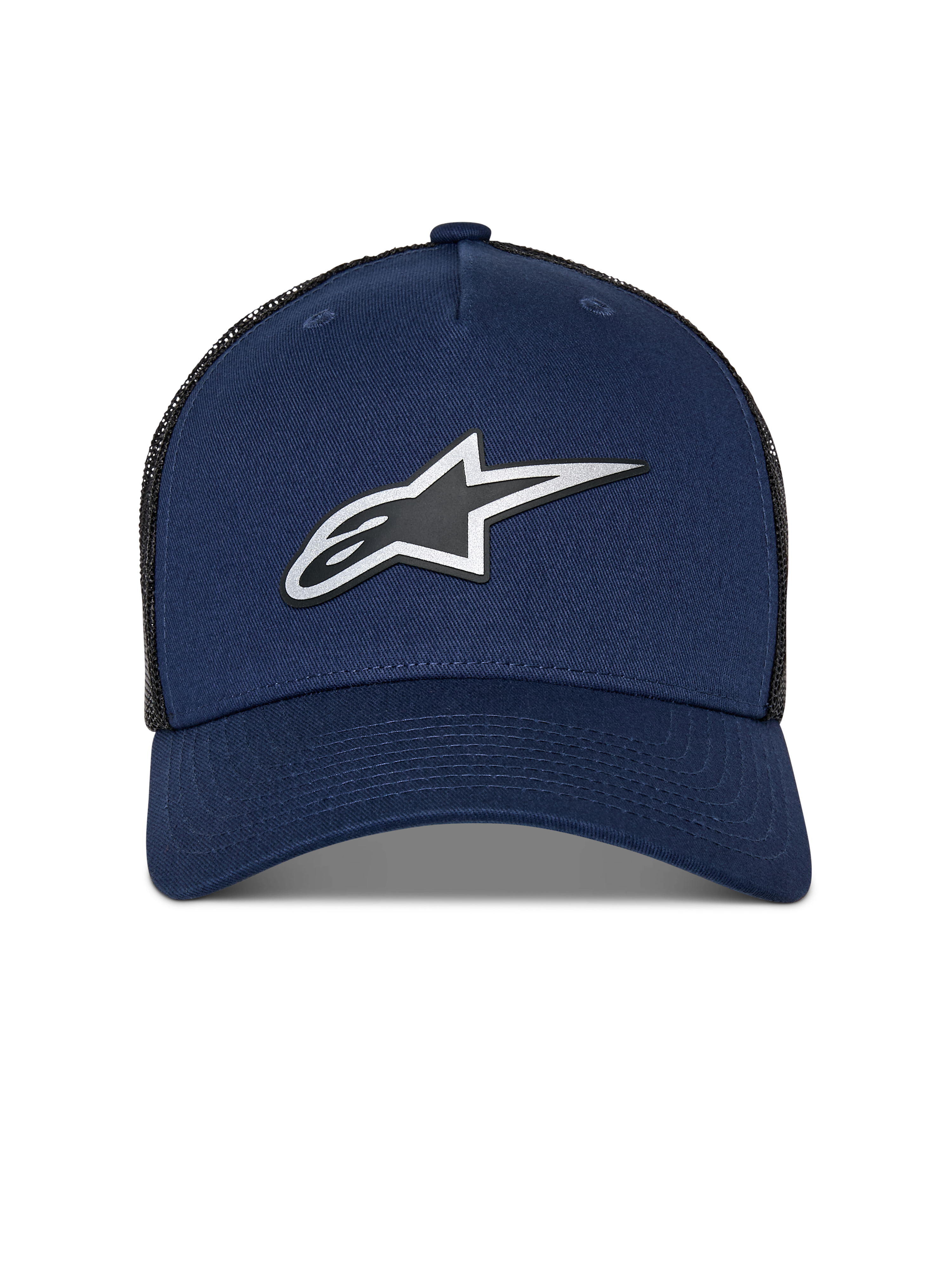 Alpinestars Reflect Ageless Trucker Hat, Navy Blue and Black mesh, front reflective HD Astars logo, curved bill, structured crown, casual motorsport headwear