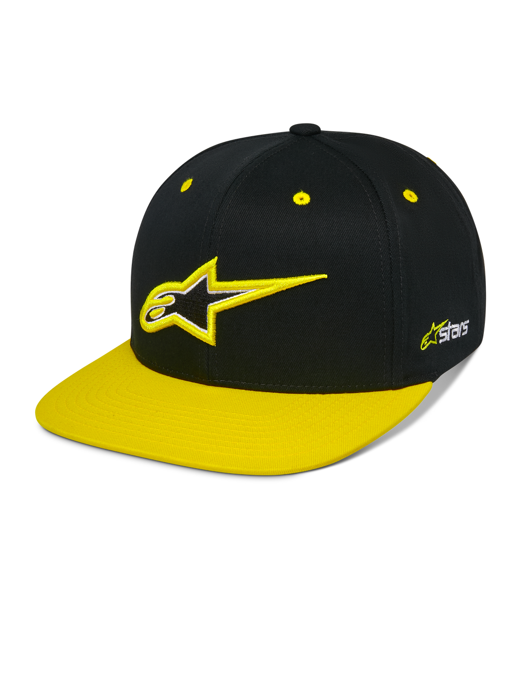 Alpinestars Thickness Snapback Pet, zwarte en felgele snapback cap, gestructureerde kroon met 3D-geborduurd Astars-logo, platte gele klep, gele oogjes, casual motorsport hoofdbedekking