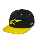 Alpinestars Thickness Snapback Pet, zwarte en felgele snapback cap, gestructureerde kroon met 3D-geborduurd Astars-logo, platte gele klep, gele oogjes, casual motorsport hoofdbedekking