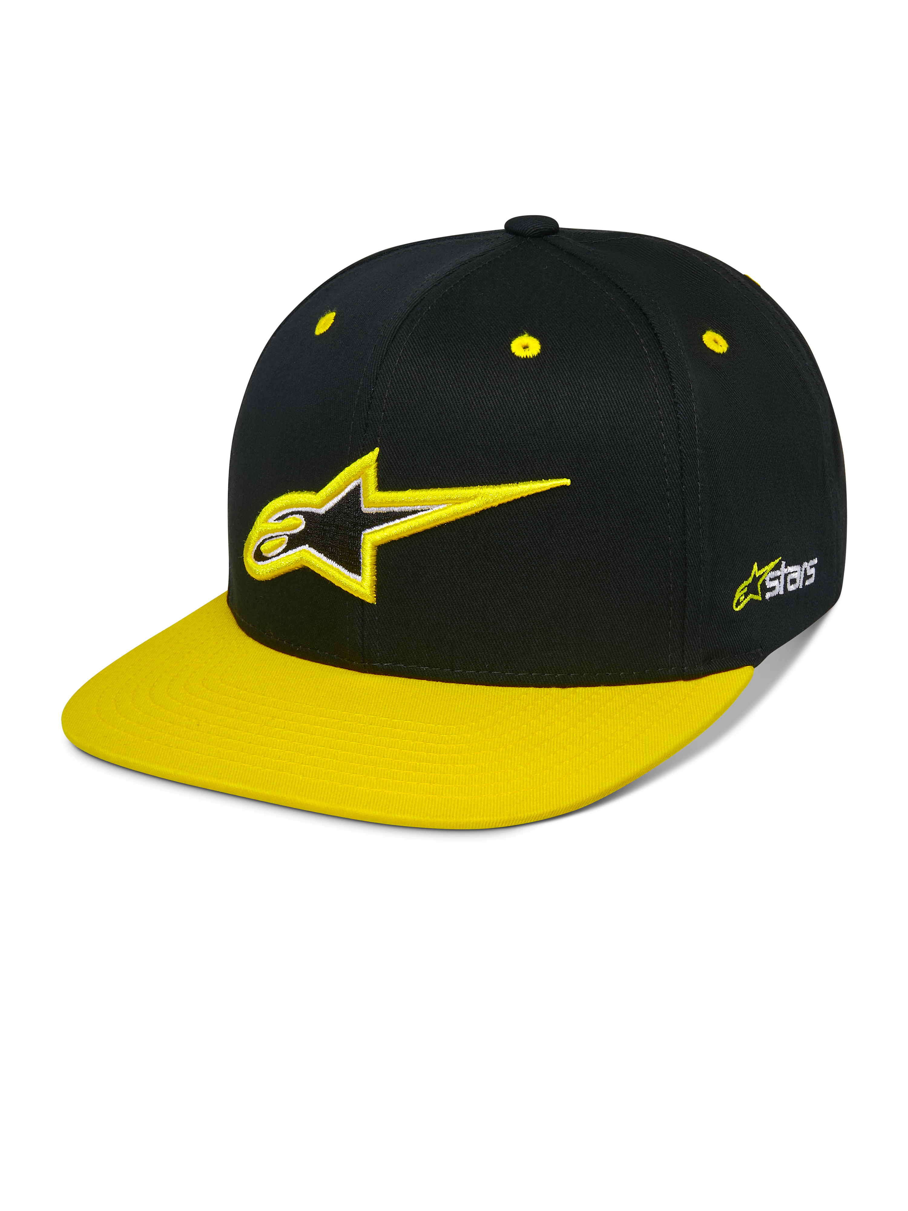 Alpinestars Thickness Snapback Pet, zwarte en felgele snapback cap, gestructureerde kroon met 3D-geborduurd Astars-logo, platte gele klep, gele oogjes, casual motorsport hoofdbedekking
