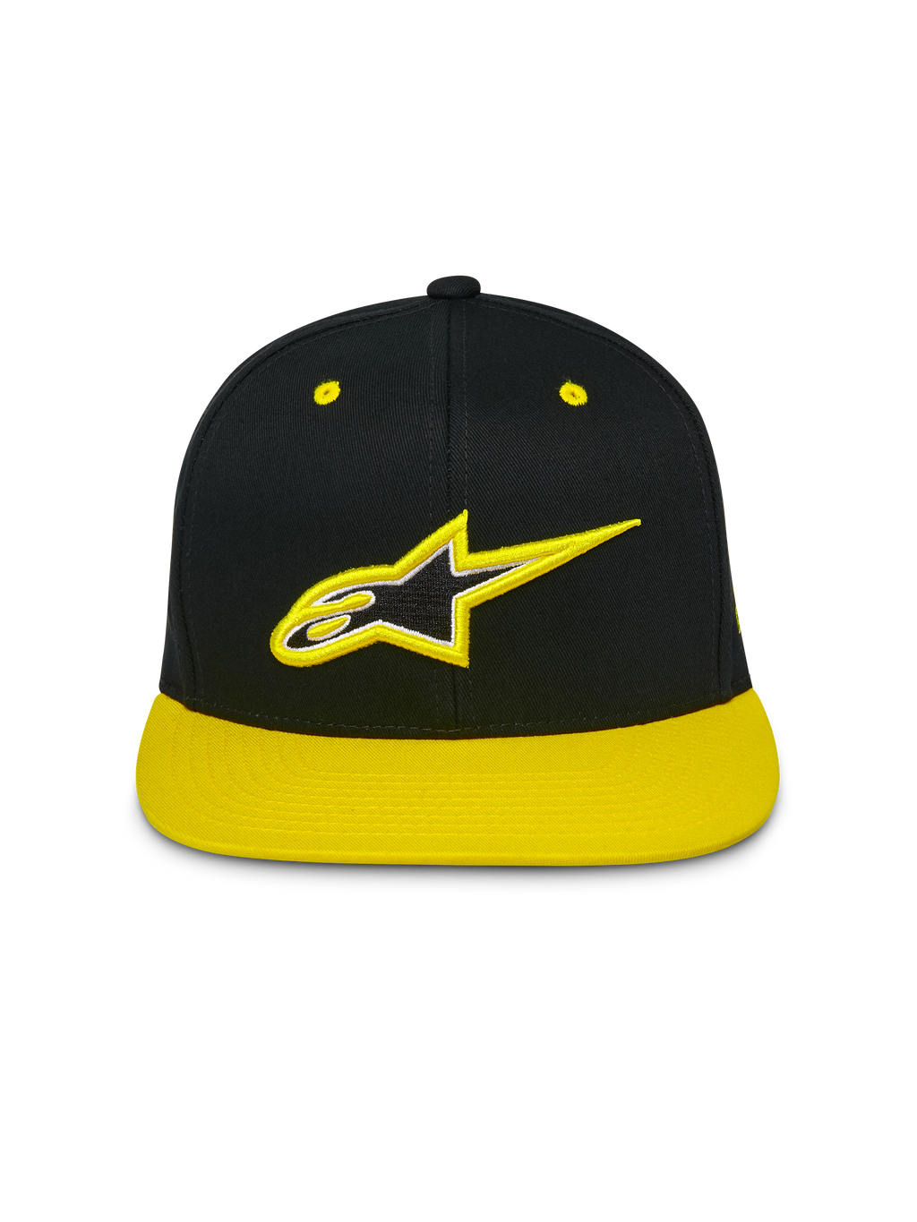 Alpinestars Thickness Snapback Pet, pet met platte klep en gestructureerde kroon, zwart met felgele klep en oogjes, 3D-geborduurd Astars-logo op de voorkant, casual motorsport streetwear
