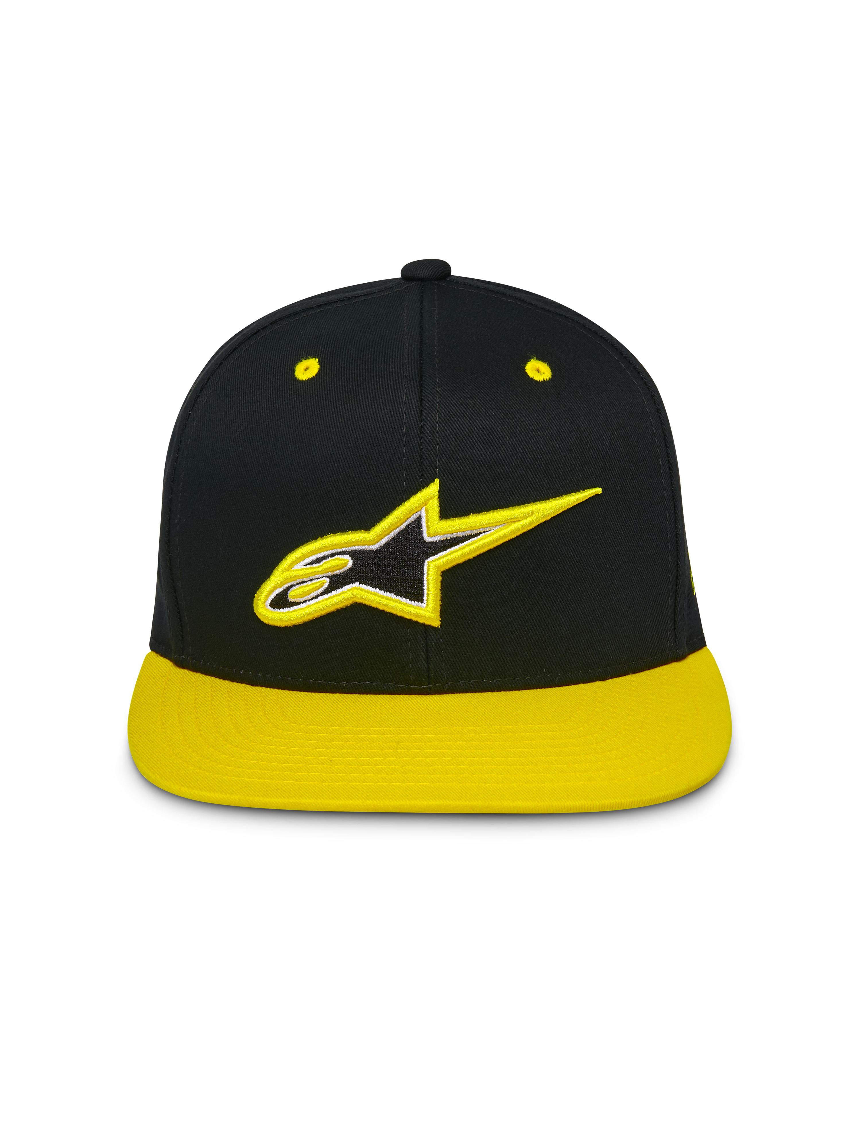 Alpinestars Thickness Snapback Pet, pet met platte klep en gestructureerde kroon, zwart met felgele klep en oogjes, 3D-geborduurd Astars-logo op de voorkant, casual motorsport streetwear
