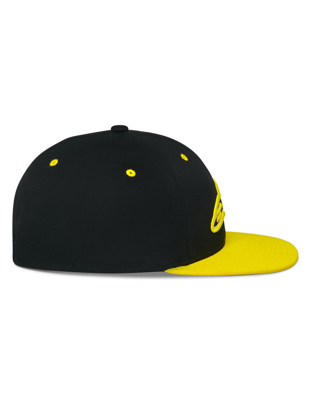 Alpinestars Thickness Snapback pet, zijaanzicht, zwarte kroon met Hi-Vis gele platte klep en ventilatiegaatjes, 3D-geborduurd logo op de voorkant, casual motorsport-geïnspireerde pet