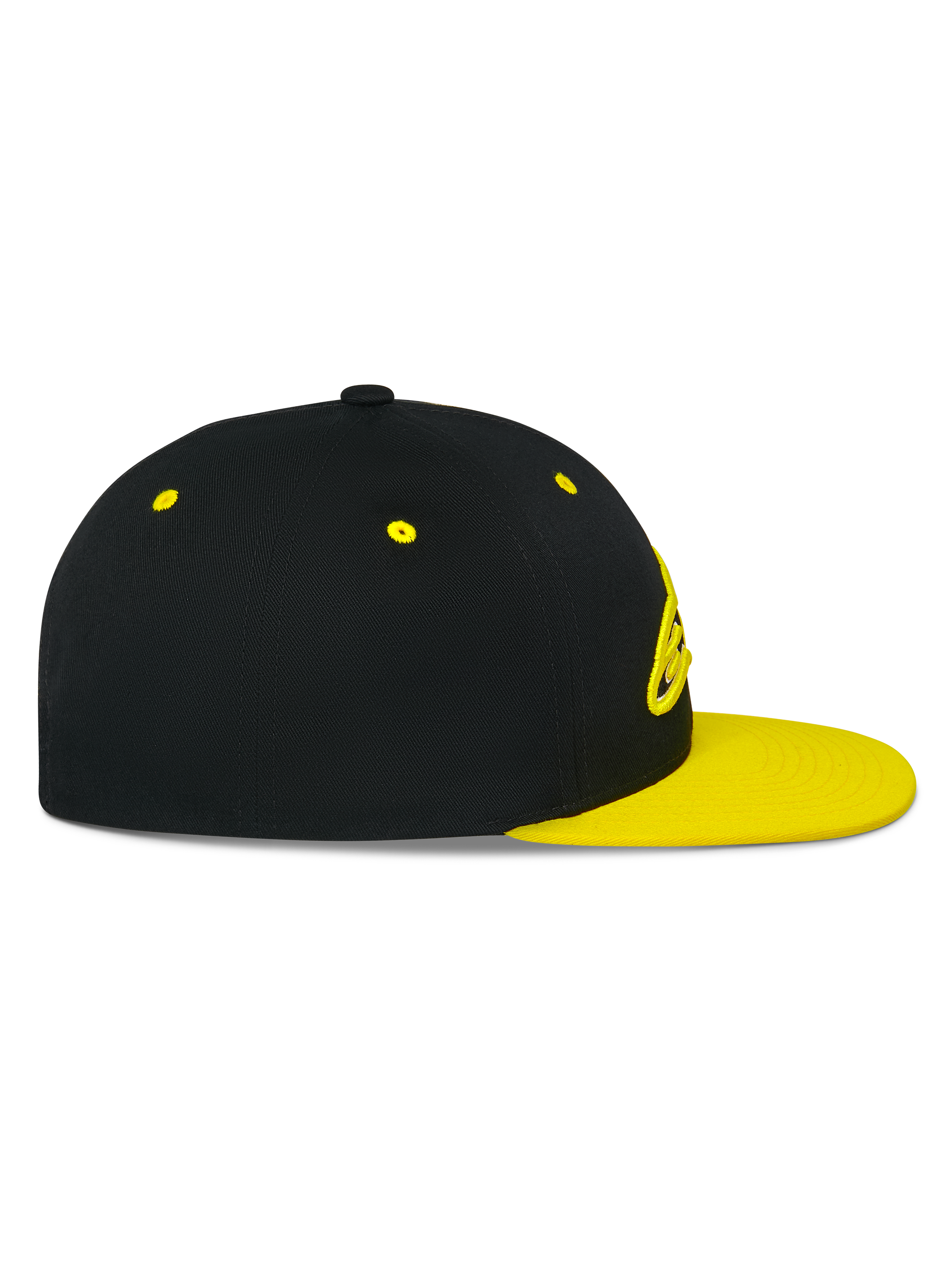 Alpinestars Thickness Snapback pet, zijaanzicht, zwarte kroon met Hi-Vis gele platte klep en ventilatiegaatjes, 3D-geborduurd logo op de voorkant, casual motorsport-geïnspireerde pet