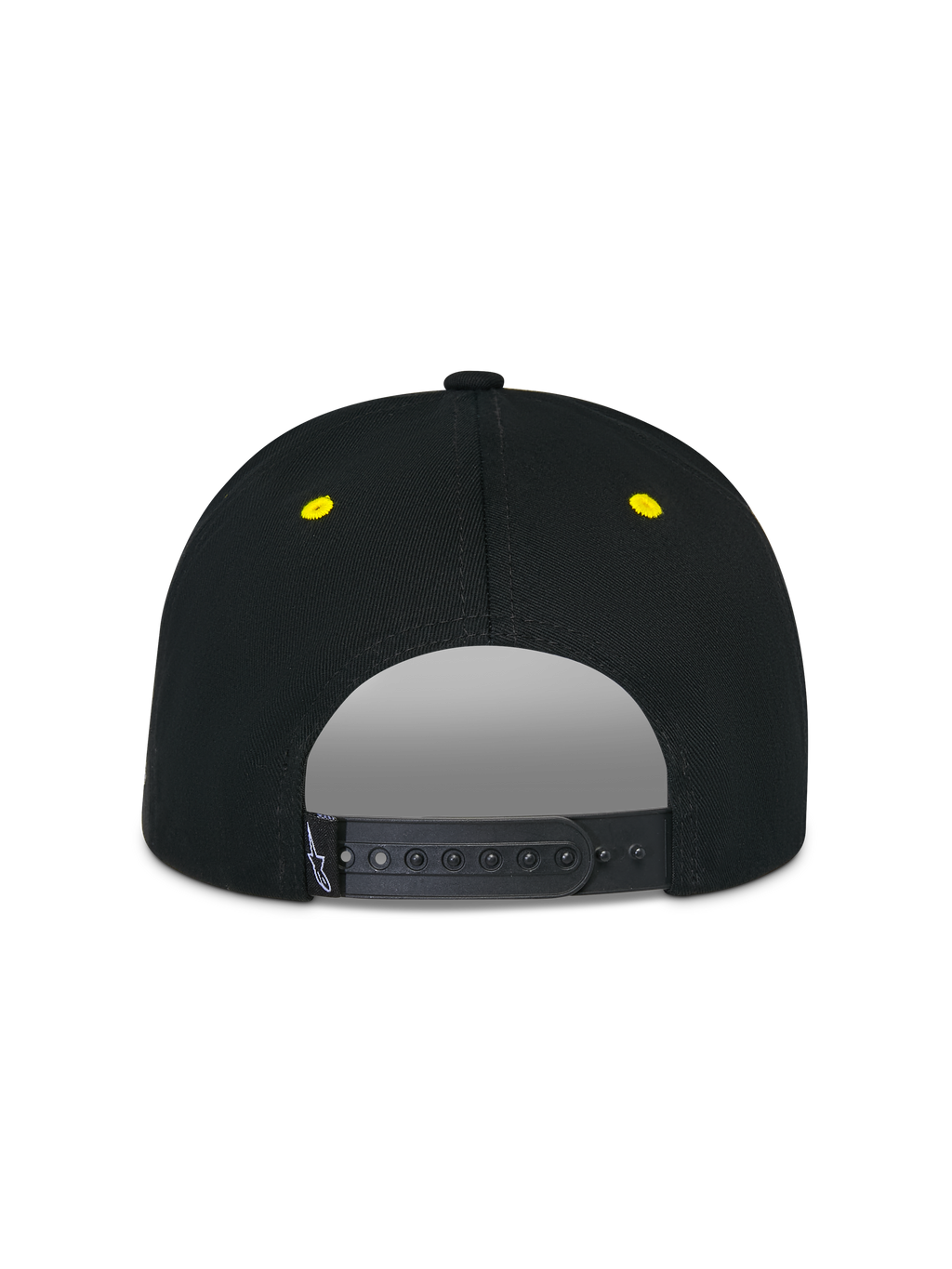 Alpinestars Thickness Snapback-pet, zwart en hi-vis geel, achteraanzicht met verstelbare snapback-sluiting, gele geborduurde oogjes, gestructureerde kroon, casual motorsport-hoofddeksel