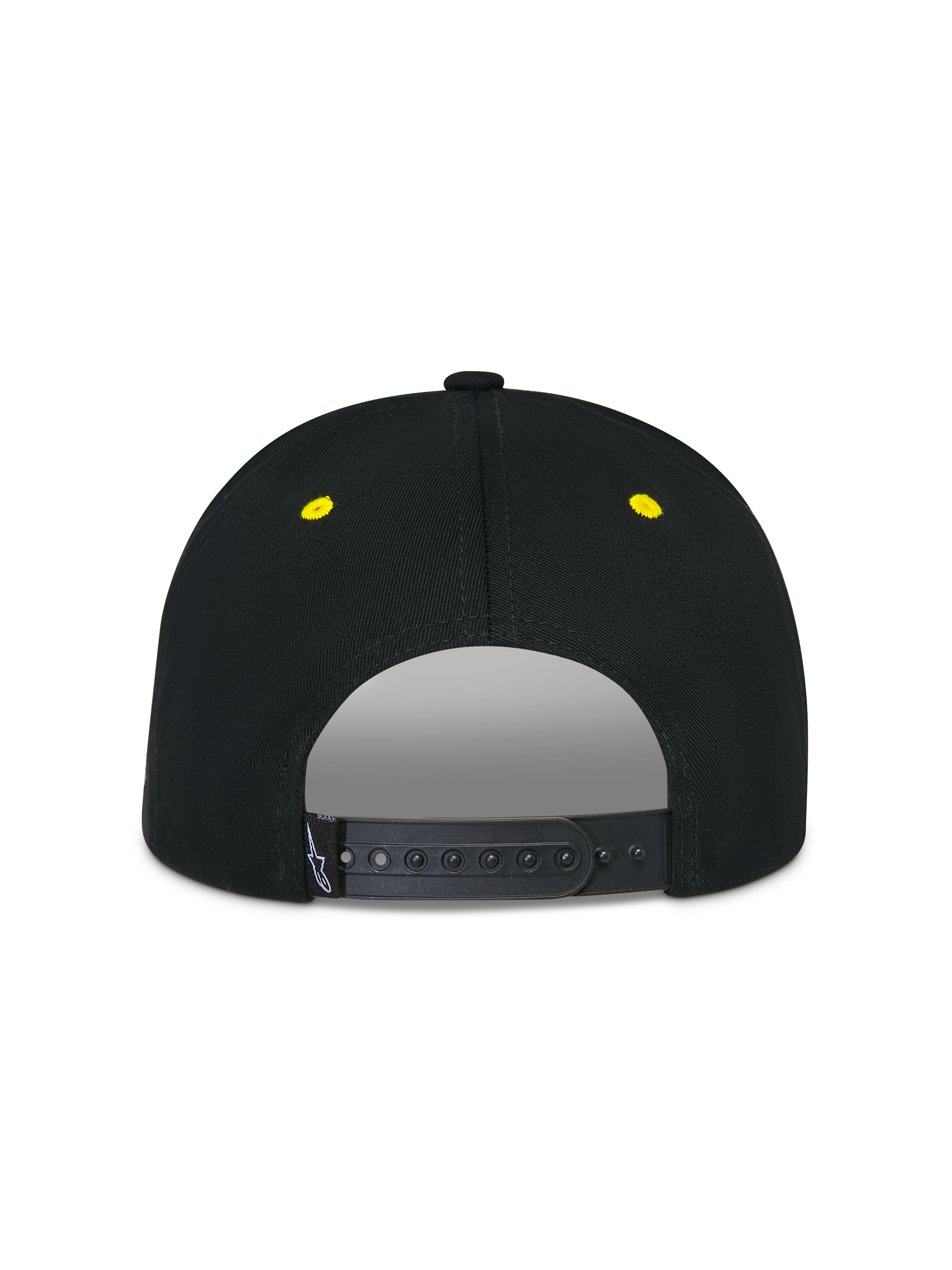 Alpinestars Thickness Snapback-pet, zwart en hi-vis geel, achteraanzicht met verstelbare snapback-sluiting, gele geborduurde oogjes, gestructureerde kroon, casual motorsport-hoofddeksel