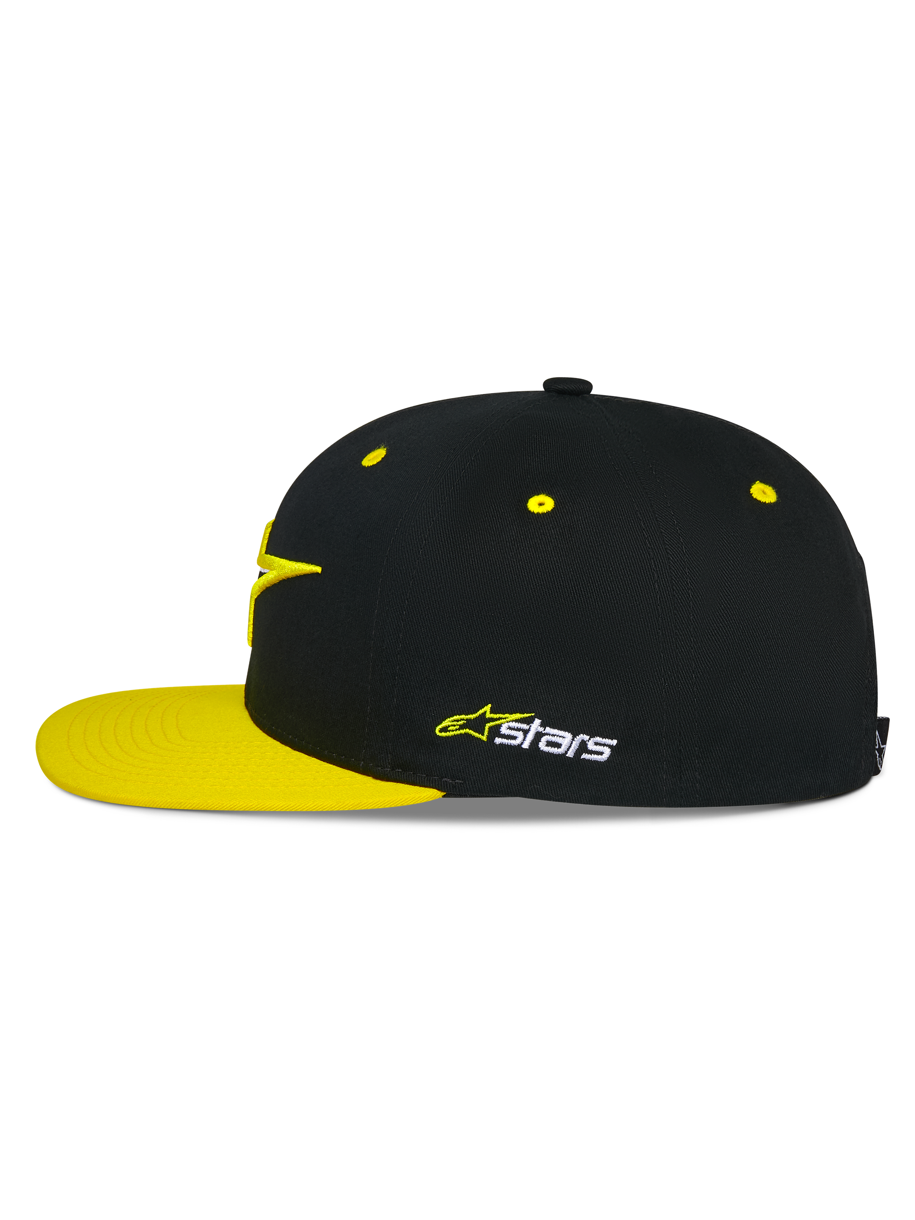 Alpinestars Thickness Snapback pet, zwart en hi-vis geel, zijaanzicht, gestructureerde kroon met gele ventilatiegaatjes en platte gele klep, geborduurd Astars-logo op de zijkant, casual motorsport hoofdbedekking