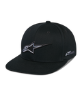 Alpinestars Thickness Snapback pet, zwarte baseballcap met platte klep, wit en grijs 3D-geborduurd sterlogo, Astars-logo op de zijkant, gestructureerd ontwerp met ventilatieopeningen, casual motorsport-hoofddeksel