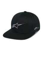 Alpinestars Thickness Snapback pet, zwarte baseballcap met platte klep, wit en grijs 3D-geborduurd sterlogo, Astars-logo op de zijkant, gestructureerd ontwerp met ventilatieopeningen, casual motorsport-hoofddeksel