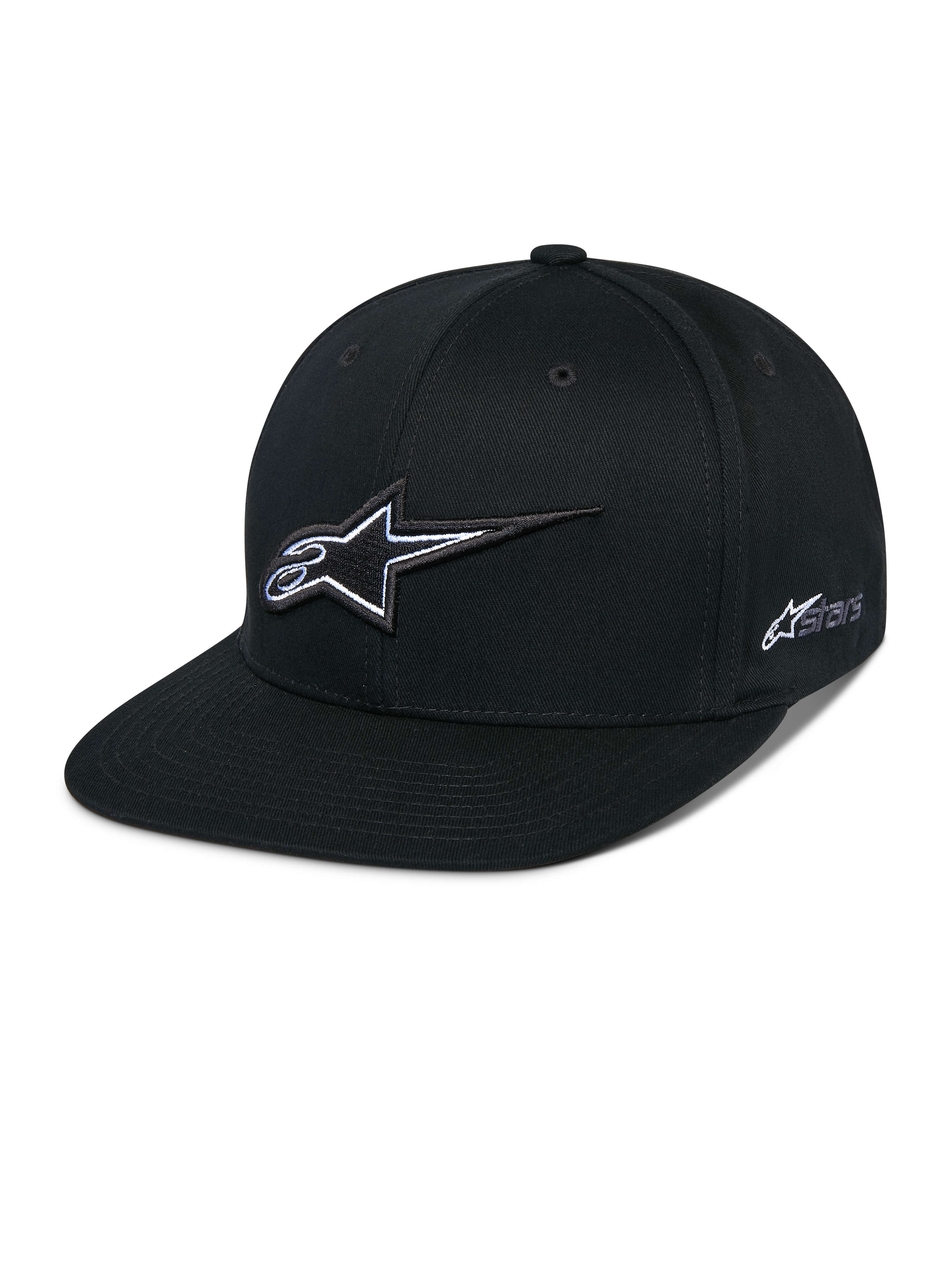 Alpinestars Thickness Snapback pet, zwarte baseballcap met platte klep, wit en grijs 3D-geborduurd sterlogo, Astars-logo op de zijkant, gestructureerd ontwerp met ventilatieopeningen, casual motorsport-hoofddeksel