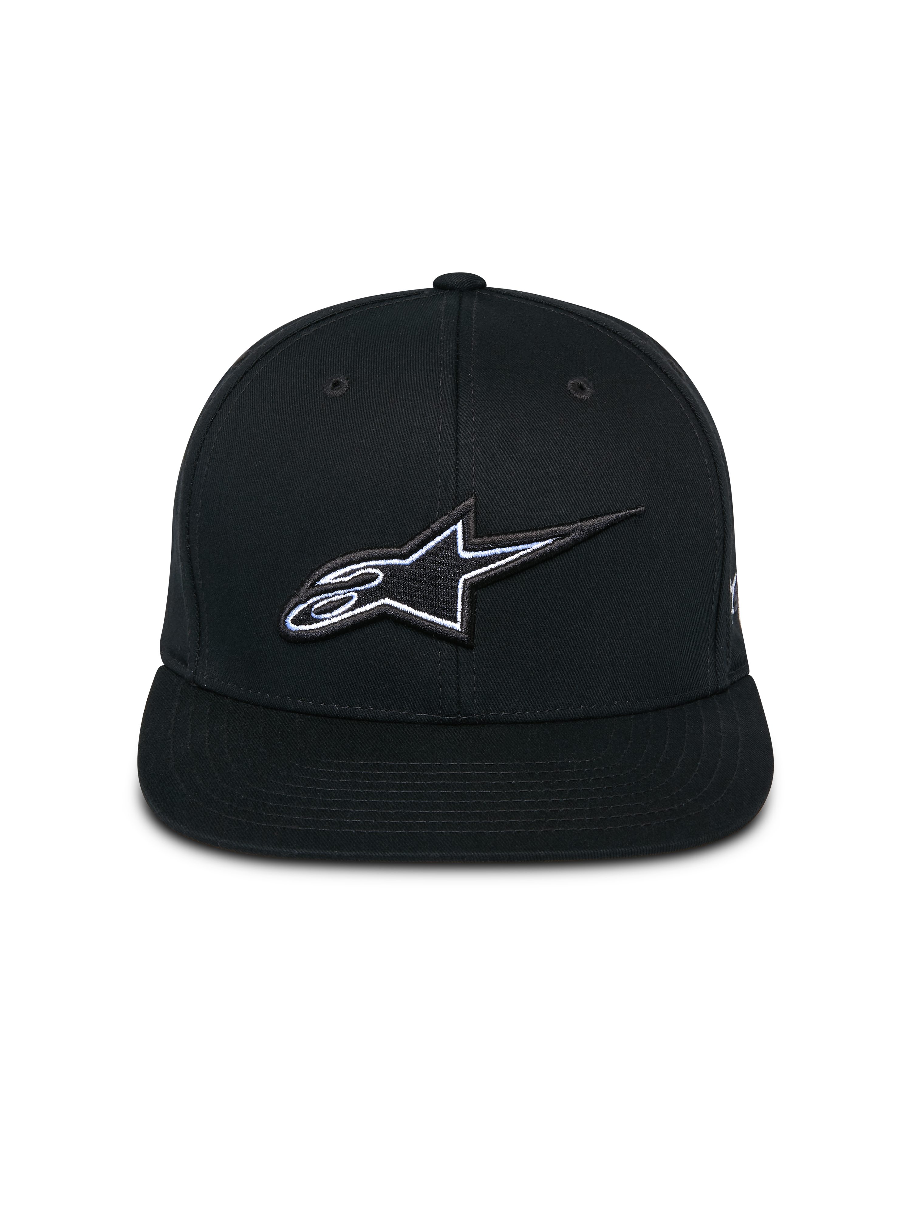 Alpinestars Thickness Snapback pet, zwart, vooraanzicht met gestructureerde kroon en platte klep, 3D-geborduurd Astars-logo met witte en lichtblauwe details, casual motorsport-geïnspireerde streetwear