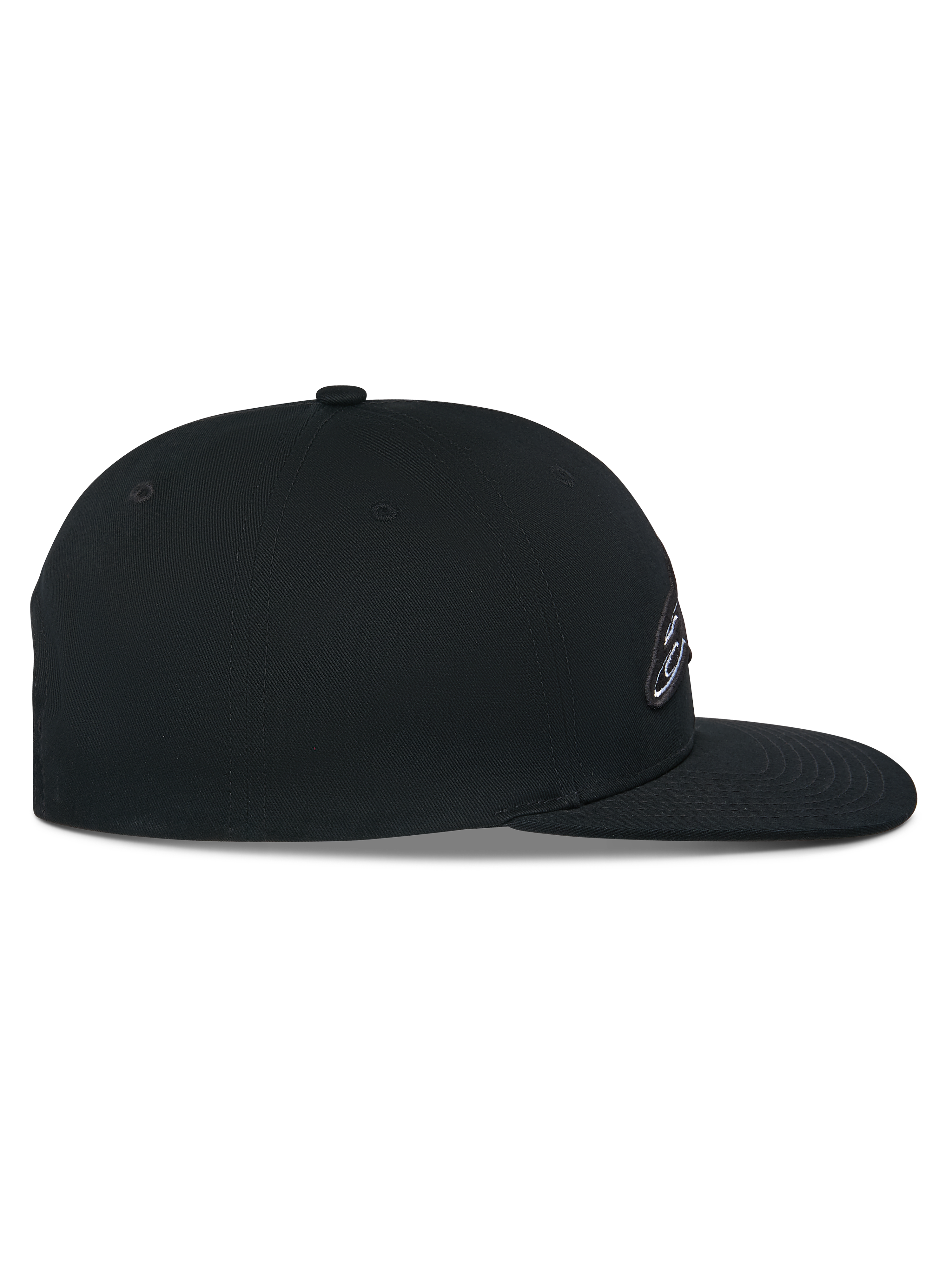 Alpinestars Thickness Snapback pet, zwart, zijprofiel, gestructureerde kroon met platte klep, katoenen keperstof, 3D-geborduurd logodetail, casual motorsport hoofdbedekking