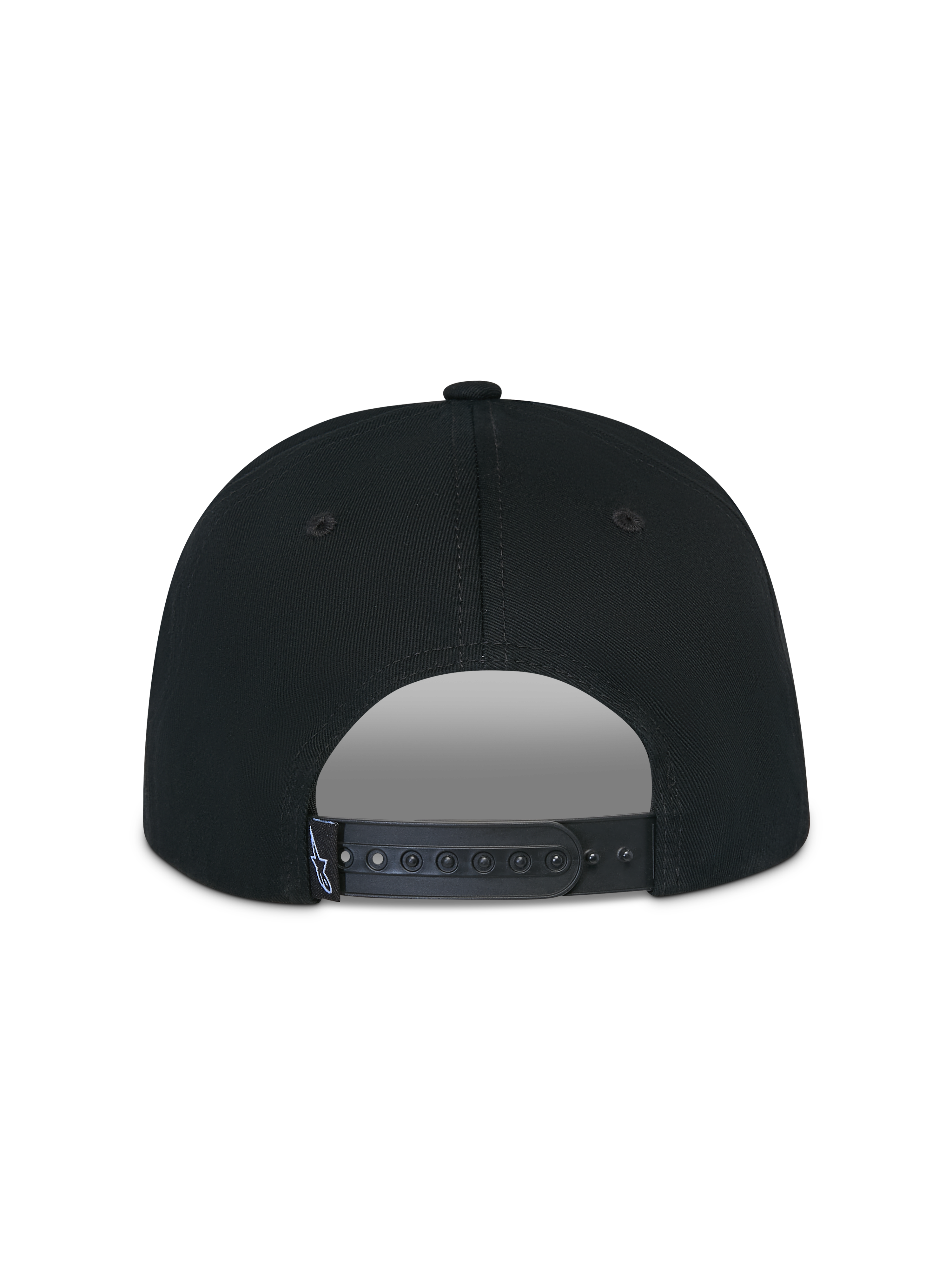 Alpinestars Thickness Snapback Pet, zwart, achteraanzicht met de verstelbare snapback-sluiting, zwarte kunststof sluiting met klein wit Astars-logolabel, gestructureerde kroon van katoenen keperstof, casual sportkleding