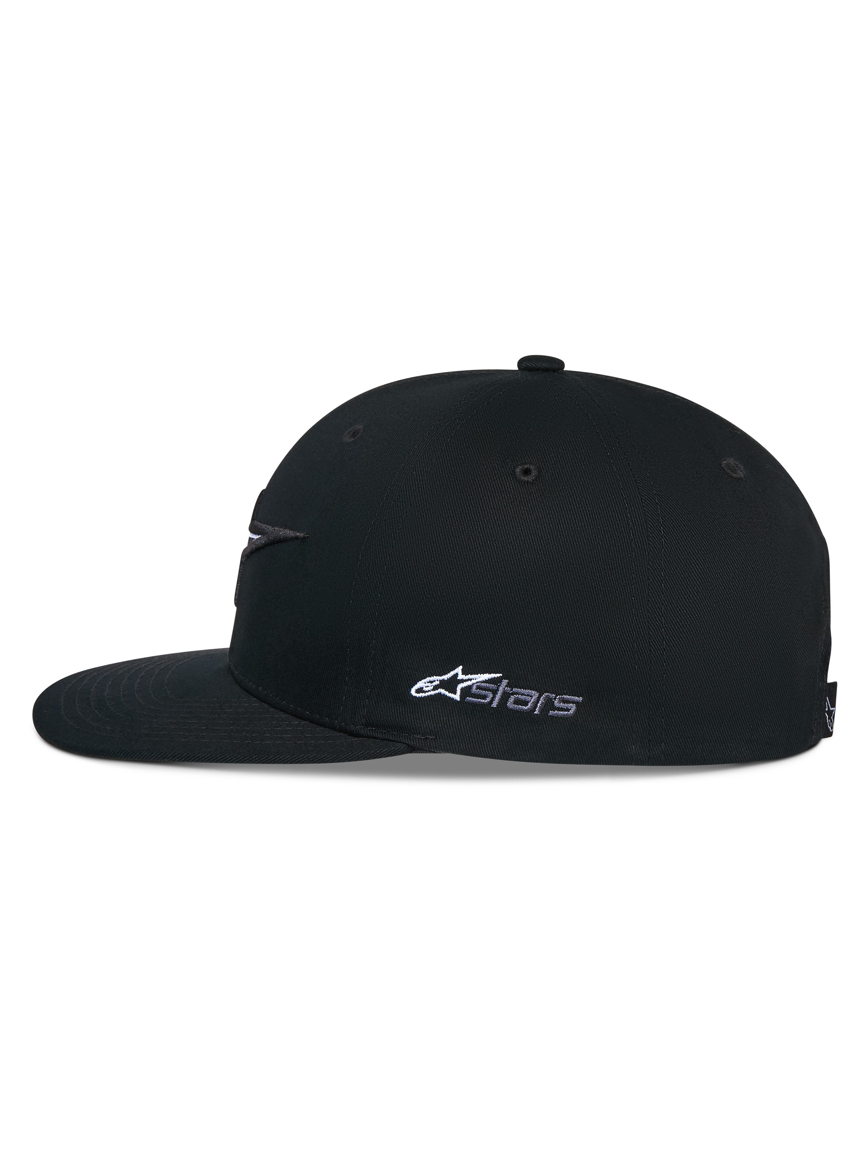 Alpinestars Thickness Snapback pet, zwart, zijaanzicht met gestructureerde kroon en platte klep, wit geborduurd Astars-logo op de zijkant, casual op motorsport geïnspireerde pet