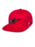 Alpinestars Thickness Snapback Pet, rode baseballcap met platte klep, opvallend zwart-wit 3D-geborduurd Astars-logo, gestructureerde kroon met bijpassende rode ventilatie-oogjes, casual motorsport streetwear