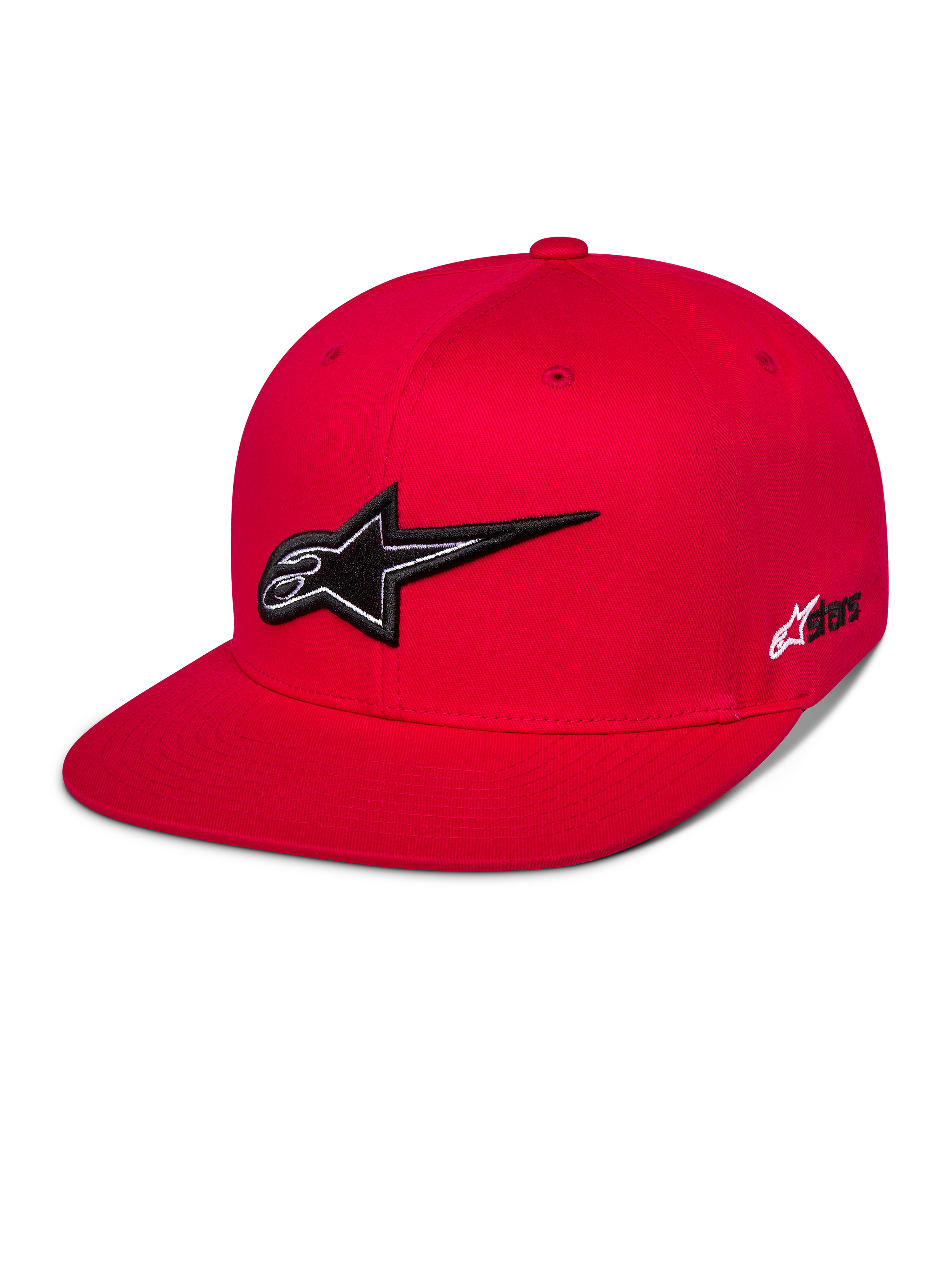 Alpinestars Thickness Snapback Pet, rode baseballcap met platte klep, opvallend zwart-wit 3D-geborduurd Astars-logo, gestructureerde kroon met bijpassende rode ventilatie-oogjes, casual motorsport streetwear