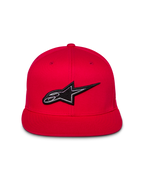 Alpinestars Thickness Snapback pet, rood, vooraanzicht met 3D-geborduurd zwart-wit Astars-logo, platte klep, gestructureerde kroon, casual streetwear