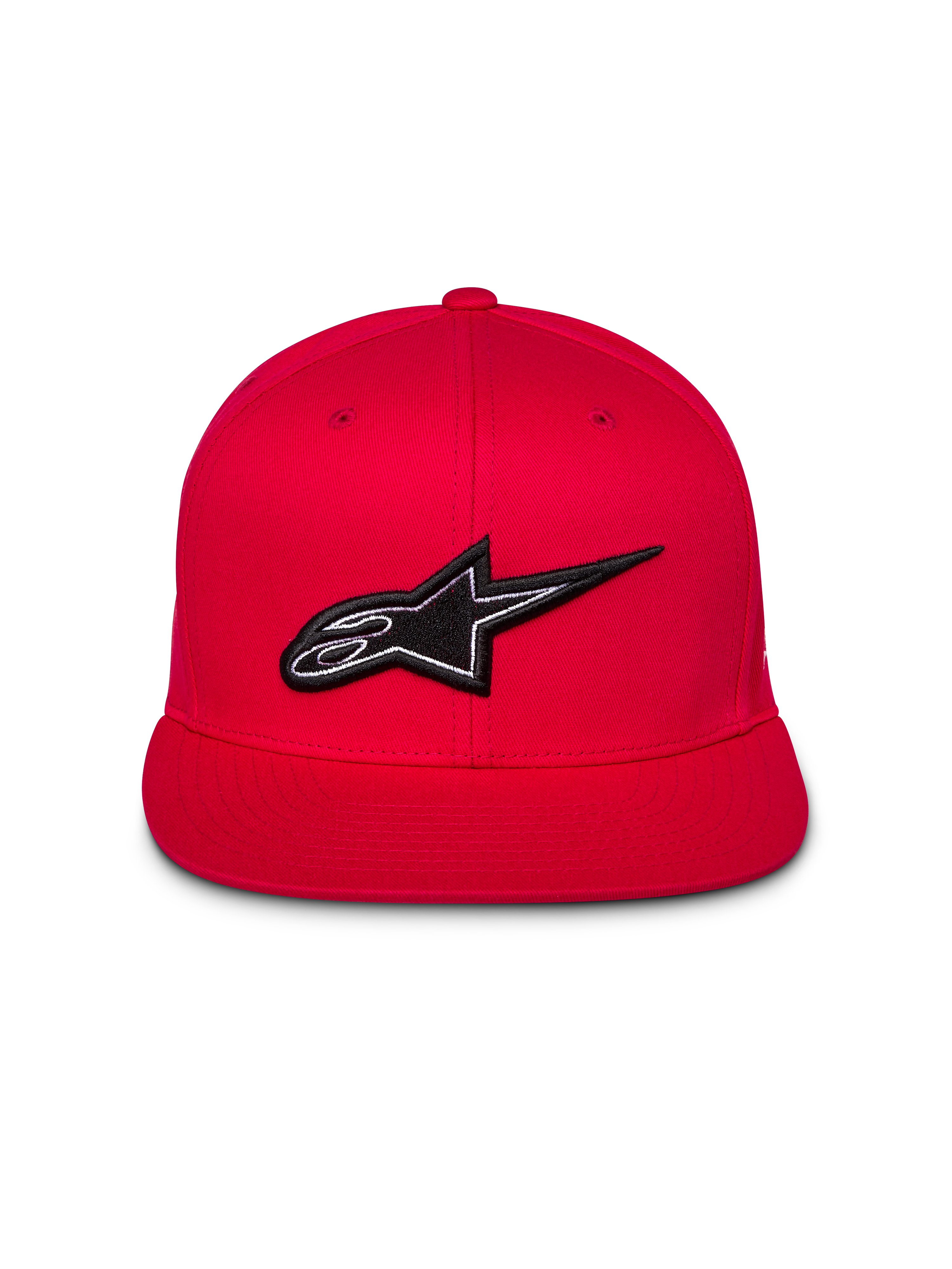 Alpinestars Thickness Snapback pet, rood, vooraanzicht met 3D-geborduurd zwart-wit Astars-logo, platte klep, gestructureerde kroon, casual streetwear