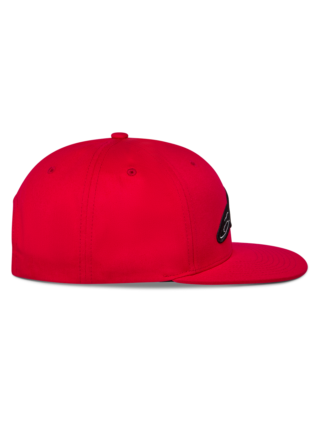 Alpinestars Thickness Snapback pet, rood, zijaanzicht met de platte klep en gestructureerde kroon, geborduurd logo op de voorkant, casual motorsport-geïnspireerde hoofdbedekking