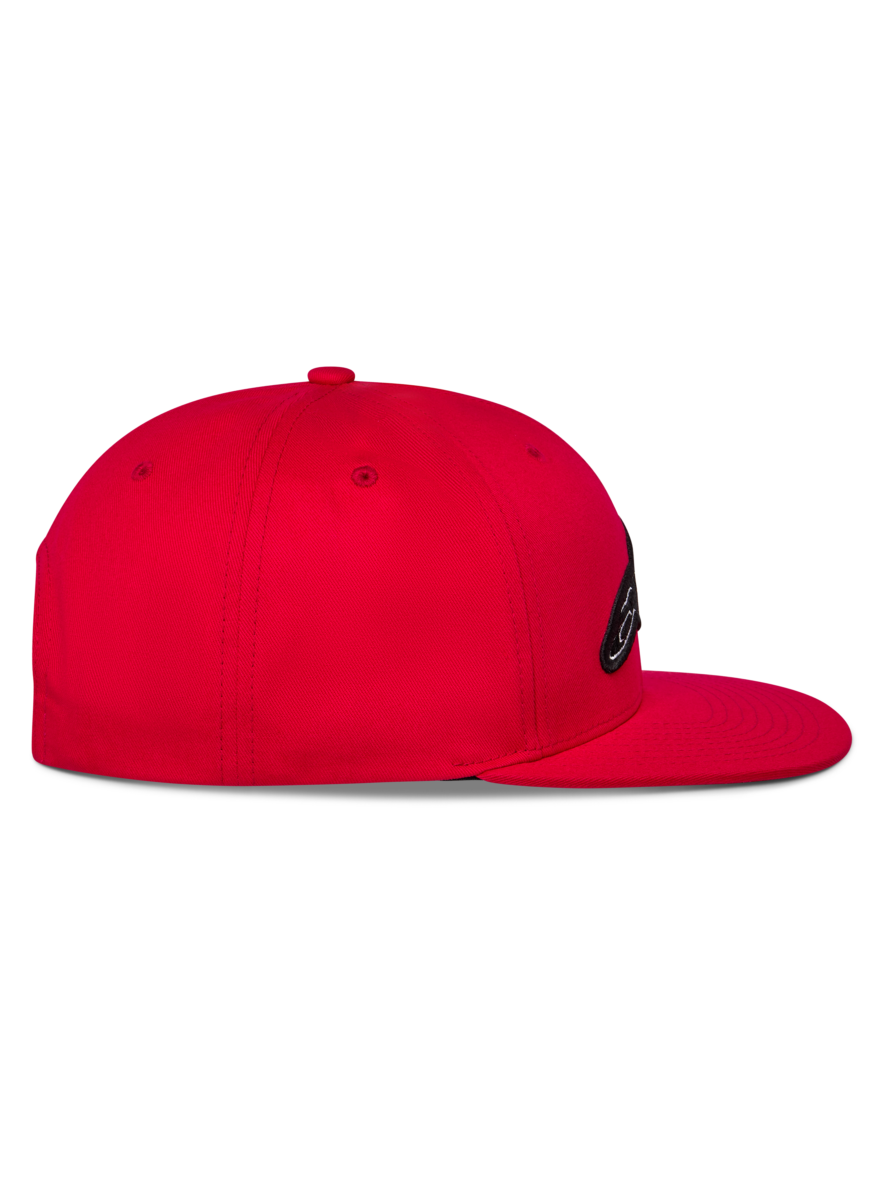 Alpinestars Thickness Snapback pet, rood, zijaanzicht met de platte klep en gestructureerde kroon, geborduurd logo op de voorkant, casual motorsport-geïnspireerde hoofdbedekking