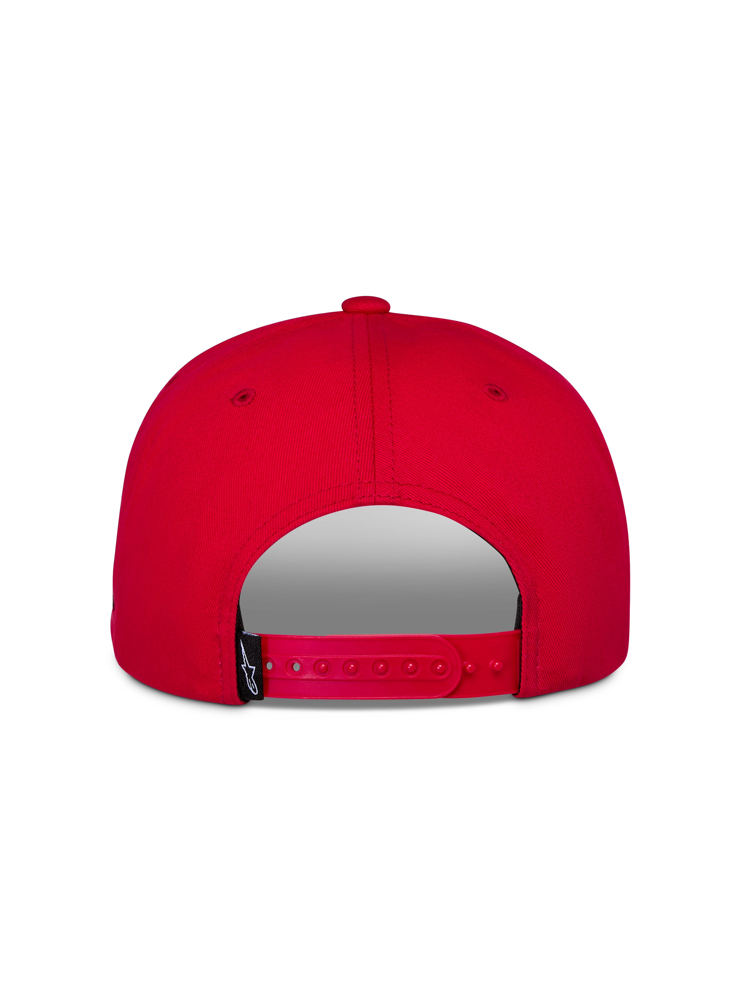 Alpinestars Thickness Snapback-pet, rood, achteraanzicht met verstelbare snapback-sluiting, gestructureerde kroon, rode keperstof, klein zwart merklabel