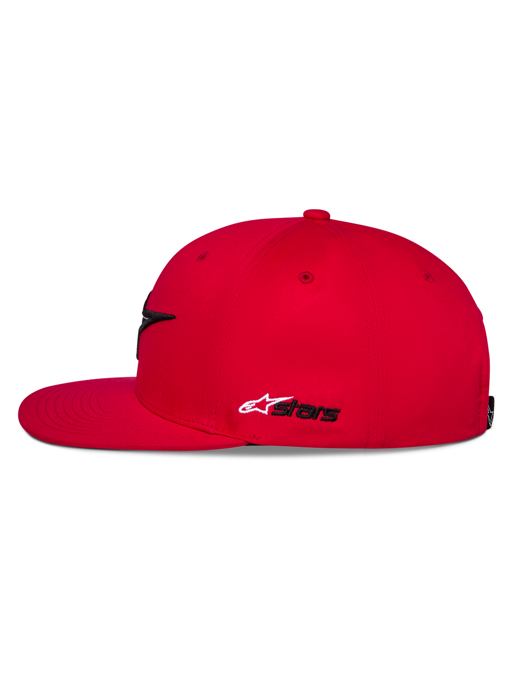 Alpinestars Thickness Snapback pet, rood, zijaanzicht, platte klep en gestructureerde kroon, wit en zwart Astars-borduurwerk aan de zijkant, casual op motorsport geïnspireerde hoofdbedekking