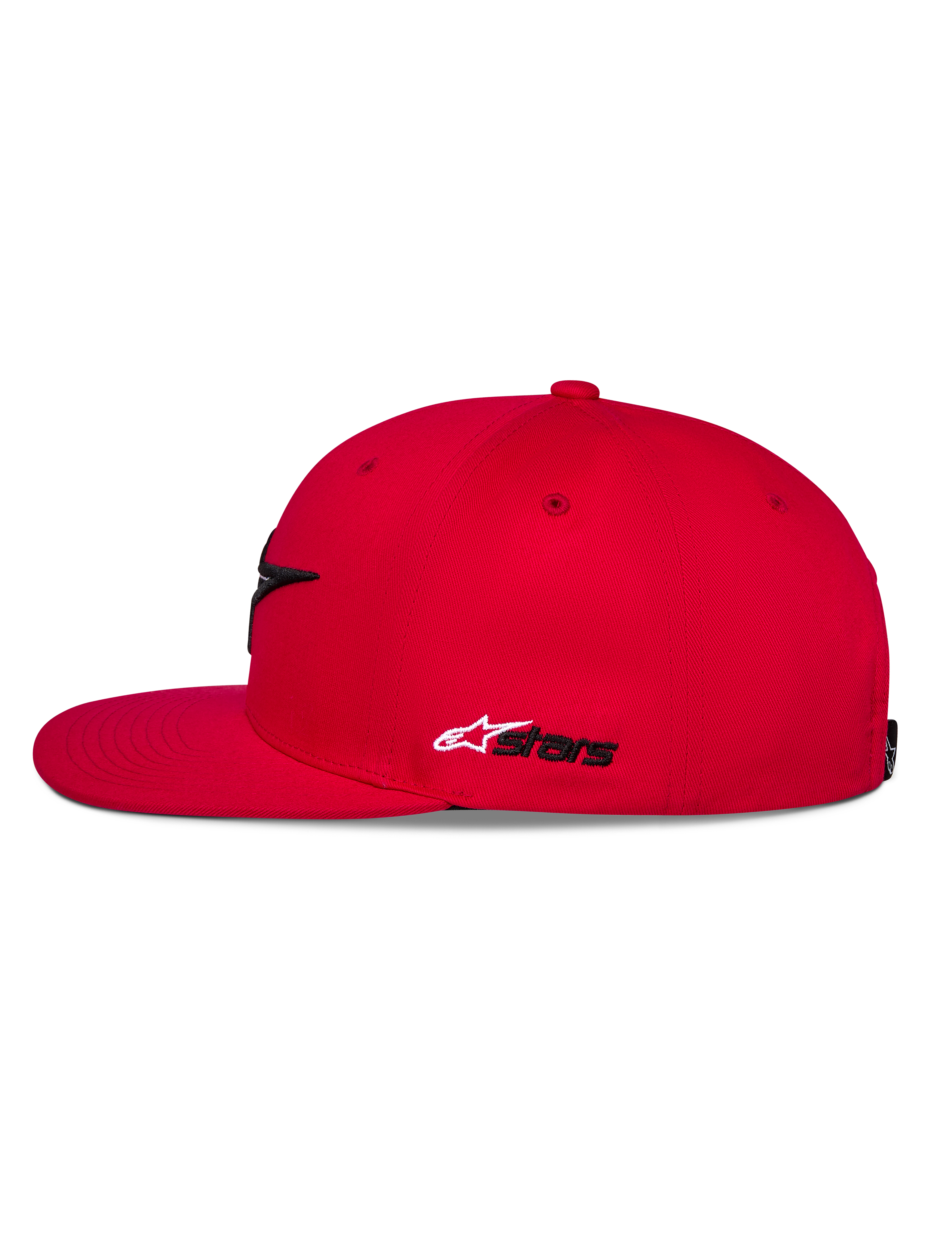 Alpinestars Thickness Snapback pet, rood, zijaanzicht, platte klep en gestructureerde kroon, wit en zwart Astars-borduurwerk aan de zijkant, casual op motorsport geïnspireerde hoofdbedekking